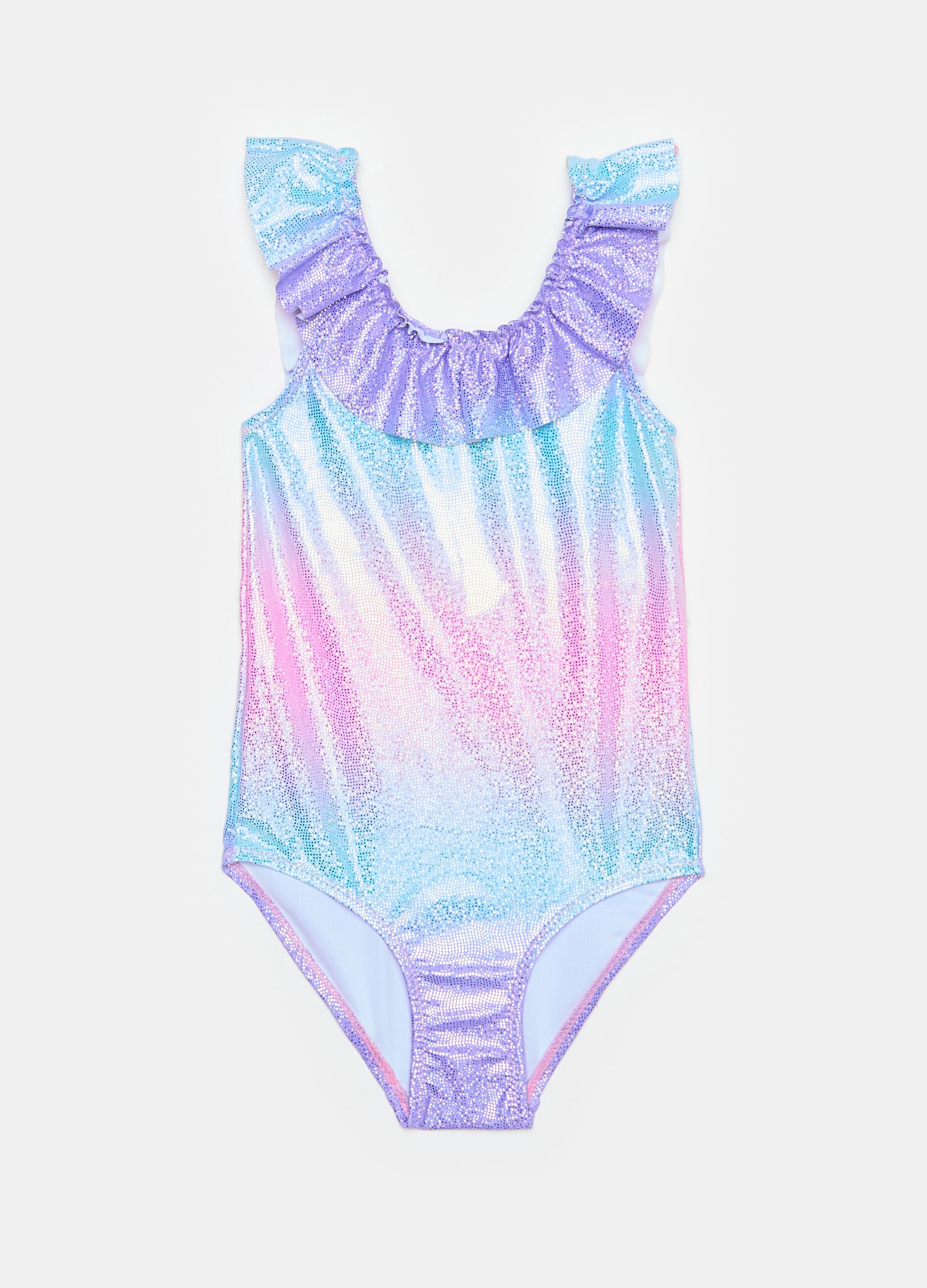 Shiny one-piece swimsuit with flounce