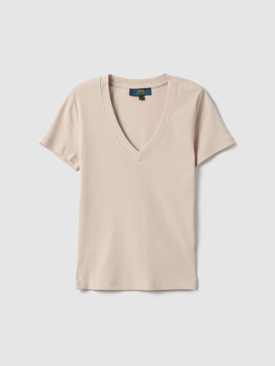 Beige Stretch Cotton Regular Fit T-shirt Deep V_0