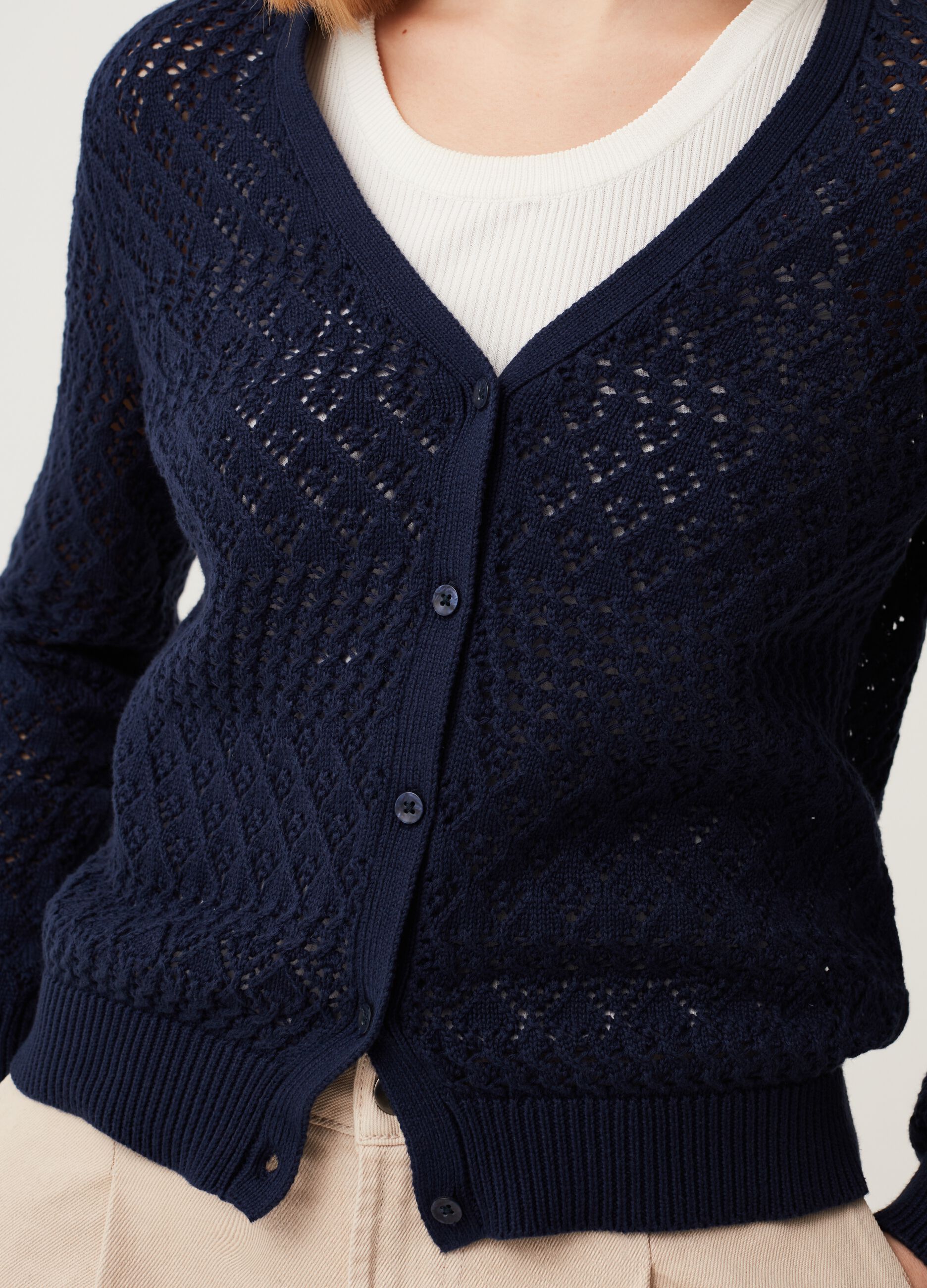 Cotton crochet V-neck cardigan