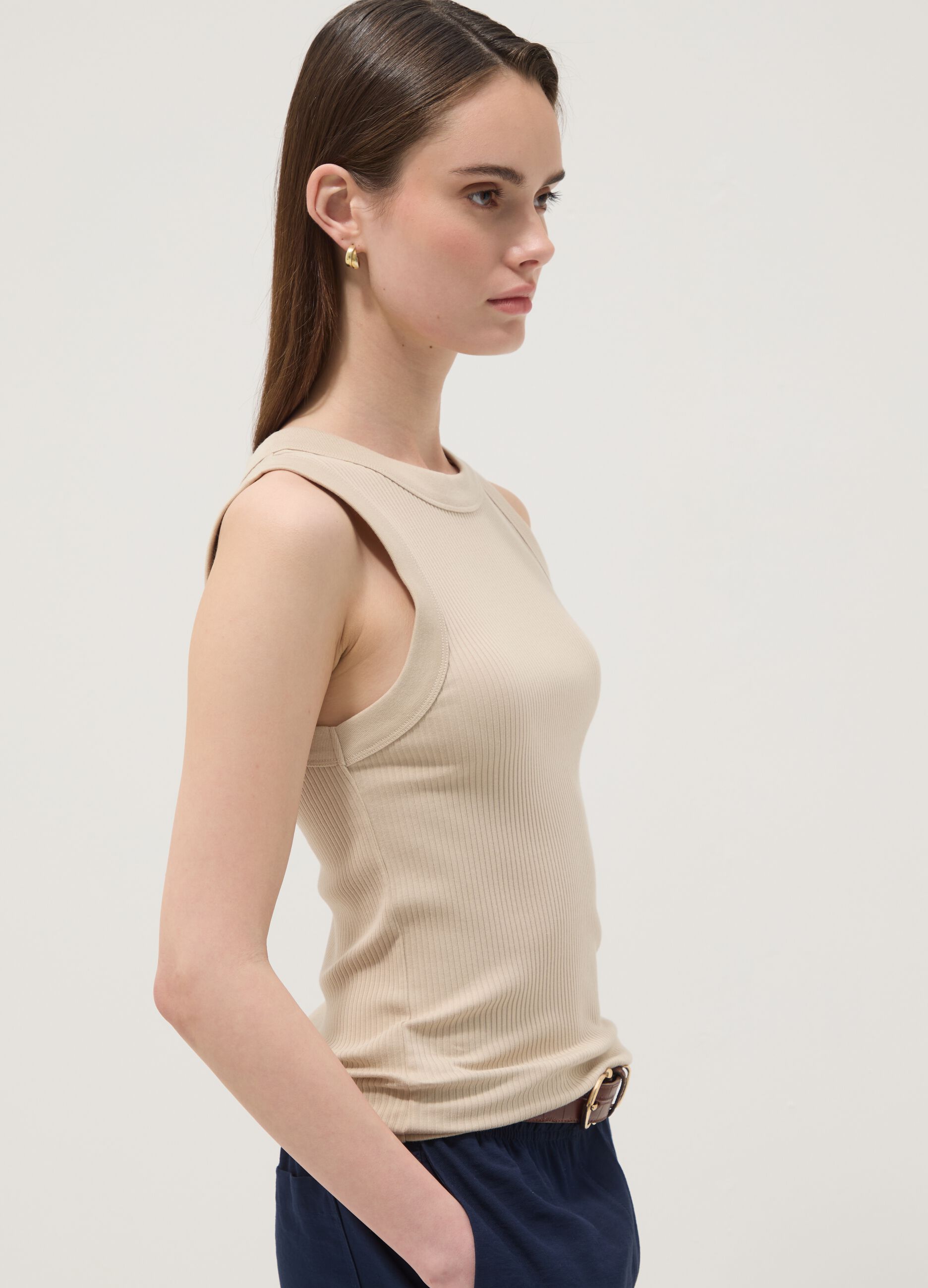 Beige fitted ribbed stretch-cotton tank top