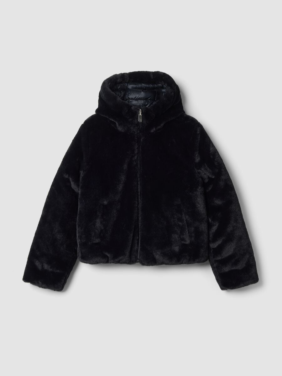 Black reversible padded jacket with hood and zip_0