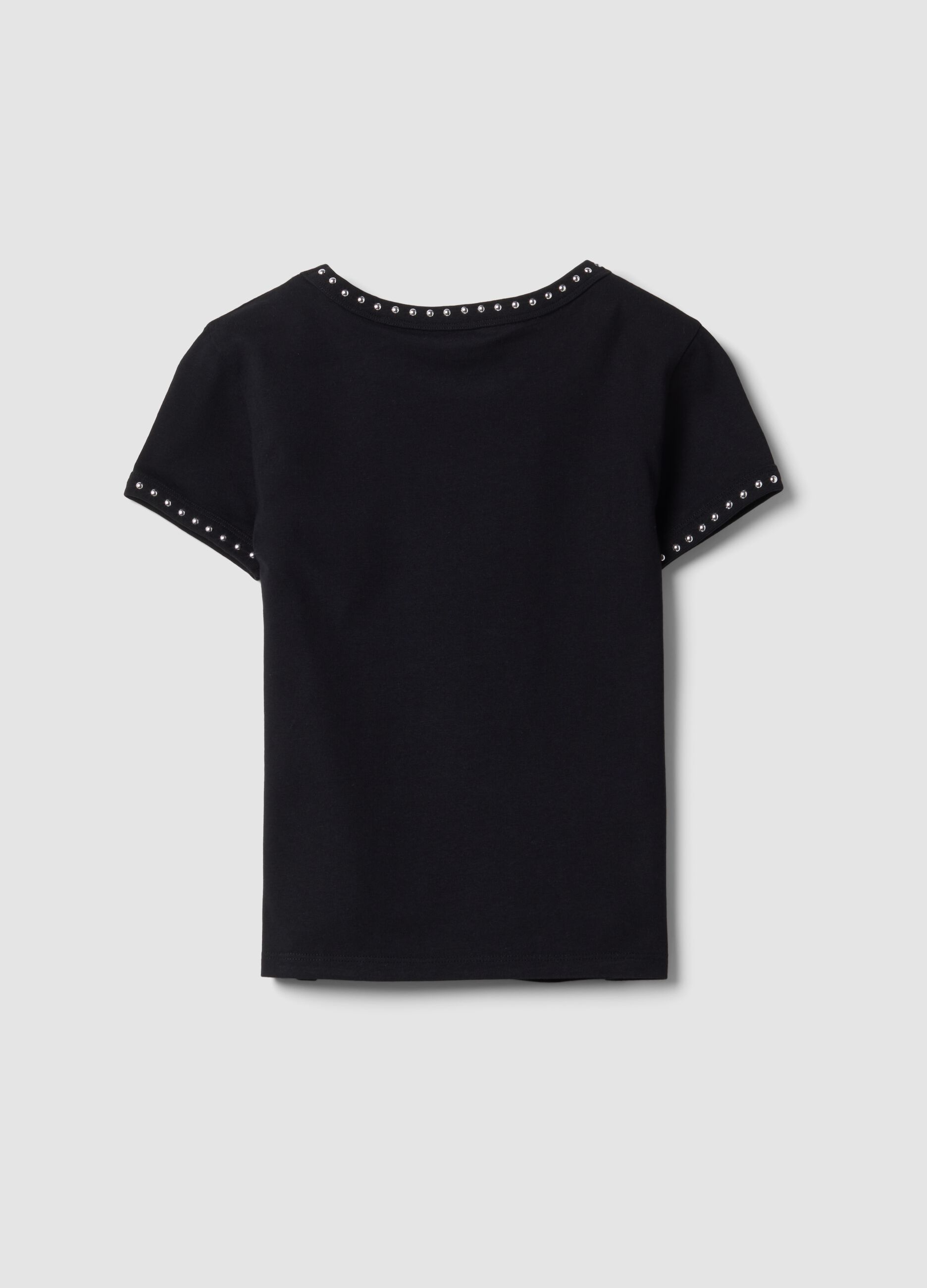 Black pure cotton slim-fit T-shirt with rhinestones for girls