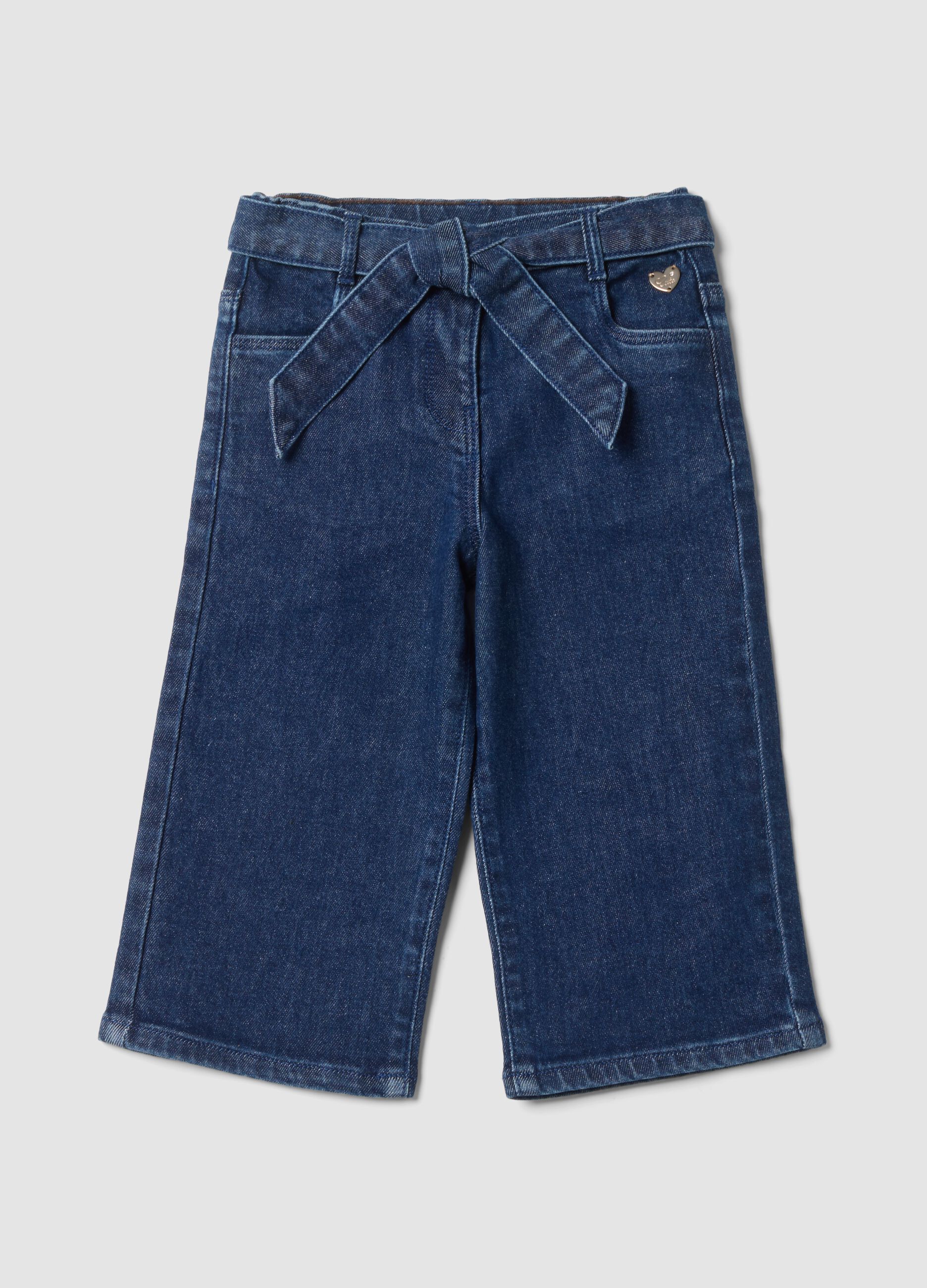 Jeans blu in cotone elasticizzato wide leg con cintura
