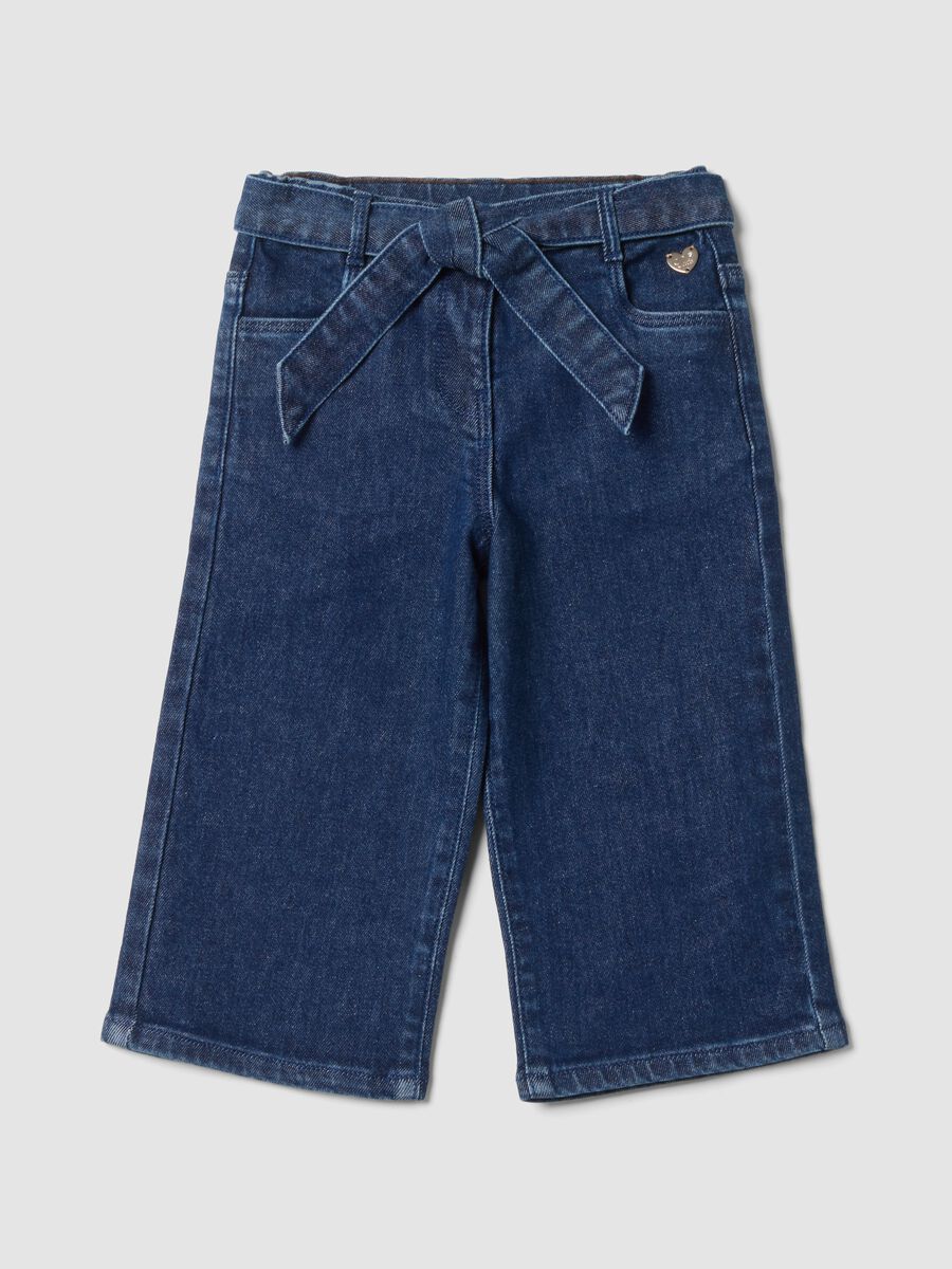 Jeans blu in cotone elasticizzato wide leg con cintura_0