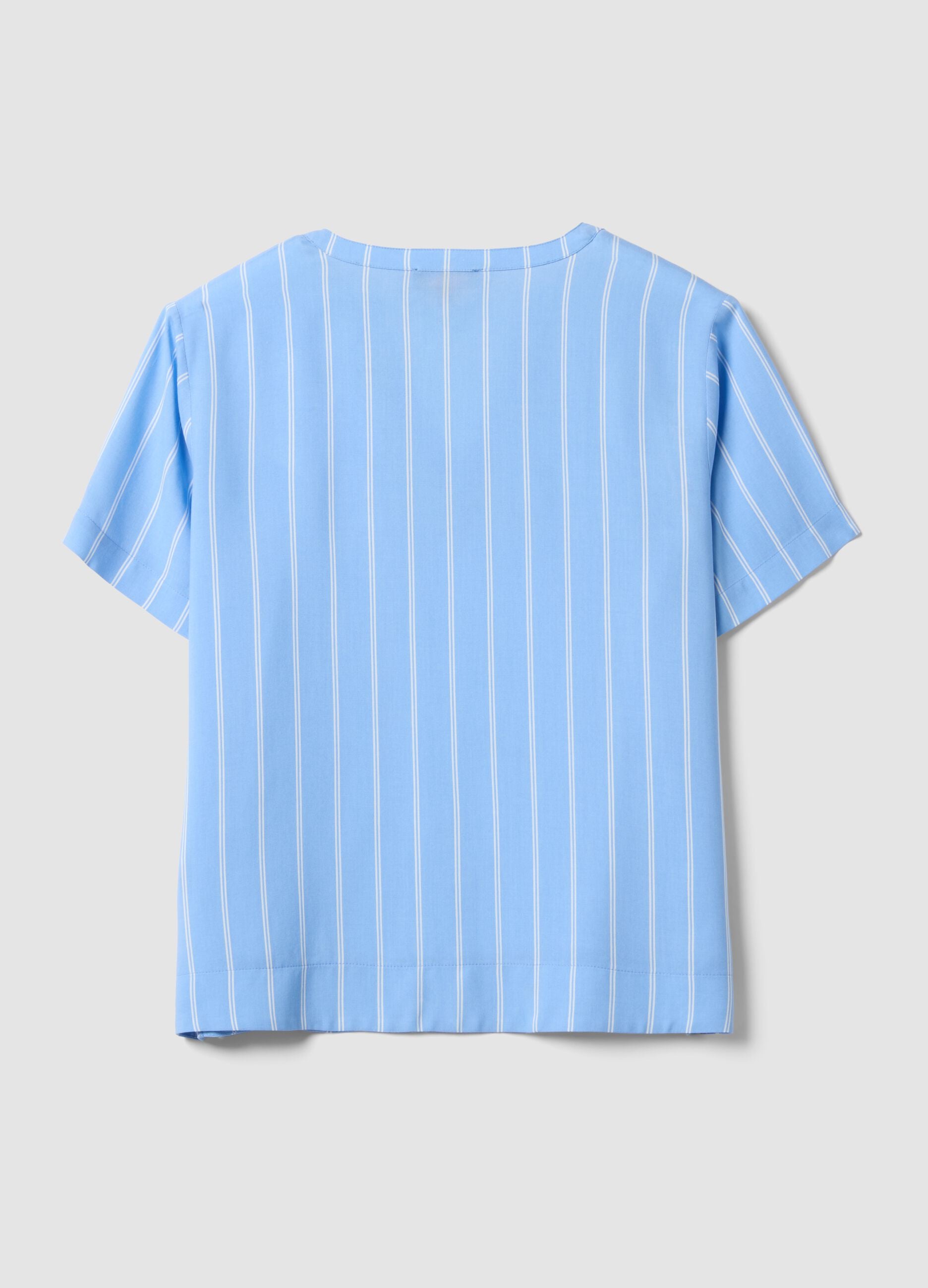 Blue striped pure viscose blouse with Mandarin collar, regular fit