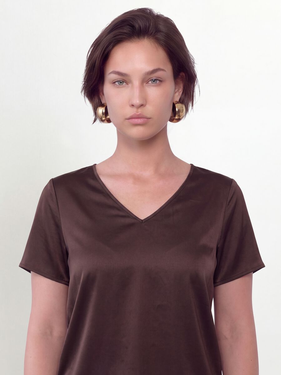 Brown satin stretch V-neck blouse, regular fit_0