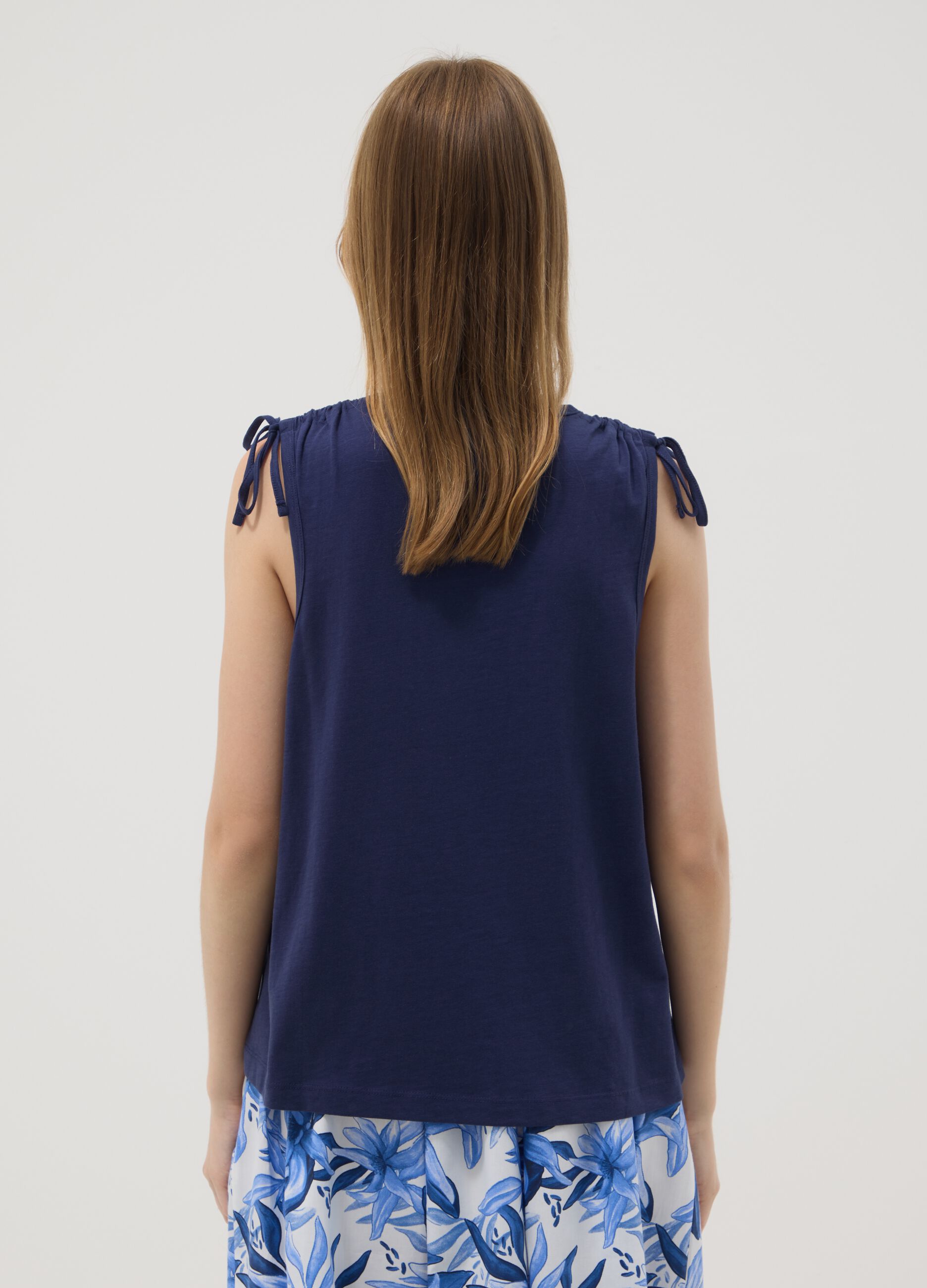 Blue pure cotton tank top with shoulder ties