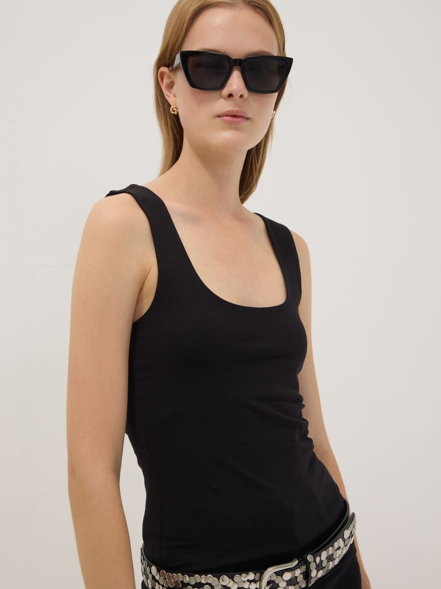 Black fitted stretch-cotton tank top_1