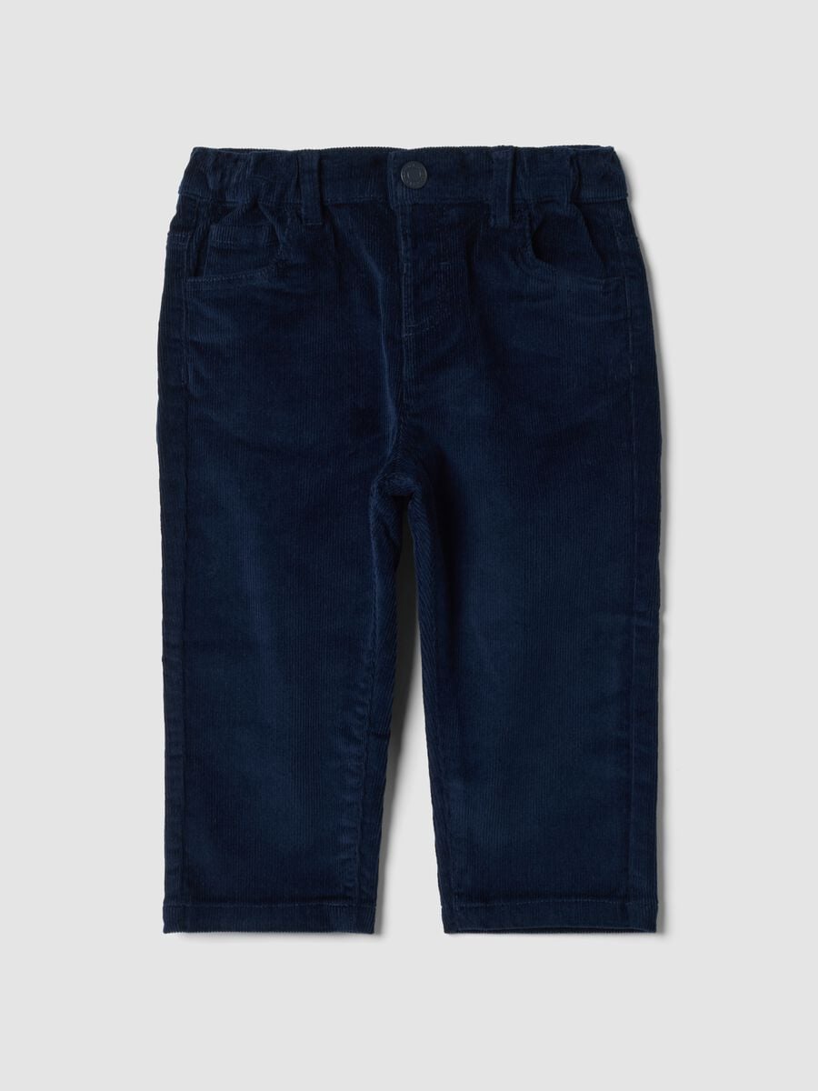 Pantaloni blu scuro in cotone elasticizzato a coste_0