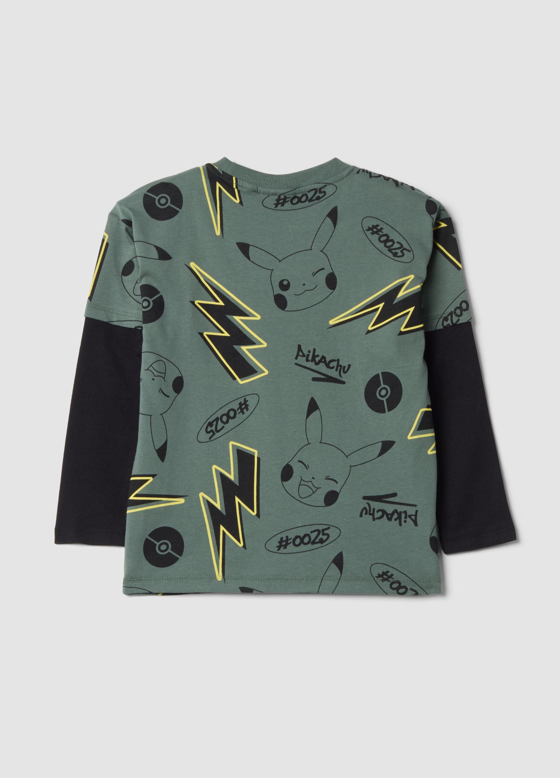 T-shirt verde em algod&atilde;o puro com estampado Pikachu, corte relaxed