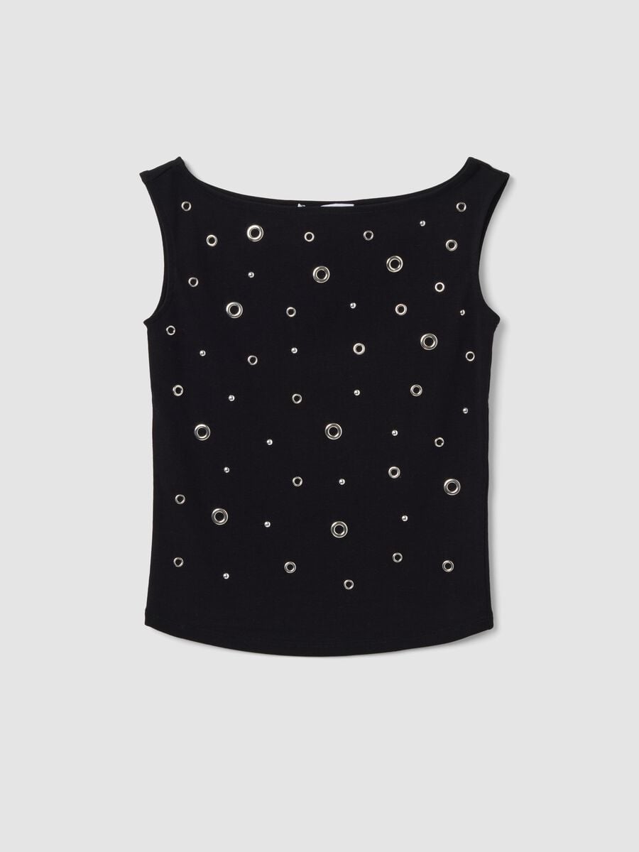 Black stretch cotton top with metal eyelets, regular fit_4