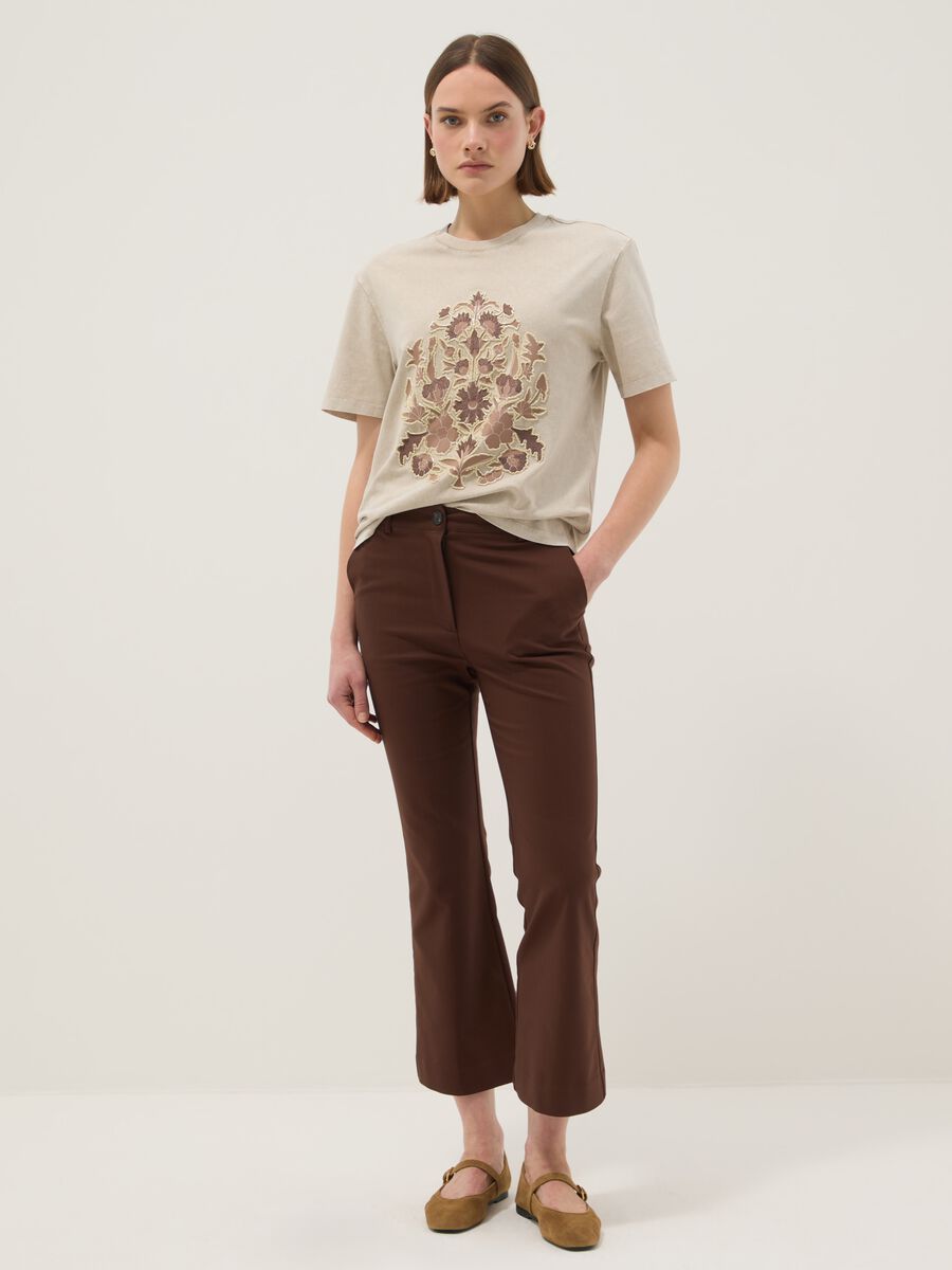 Beige short sleeve pure cotton t-shirt with regular fit and beads_1