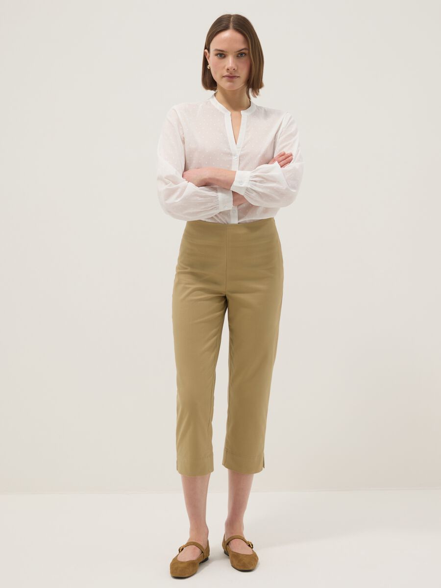 Beige slim fit ankle-length trousers in stretch cotton_0