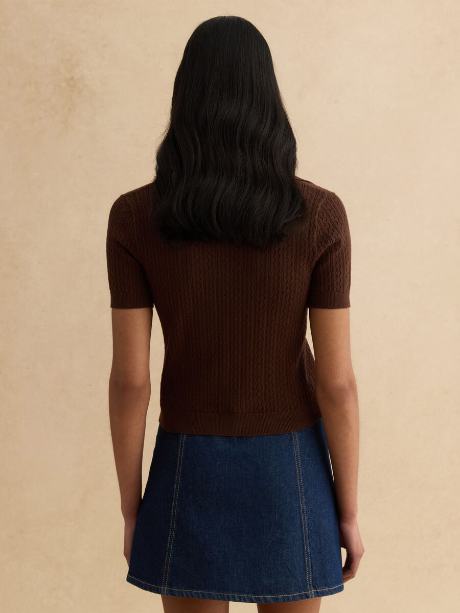 Brown cotton blend regular fit sweater with polo collar_3