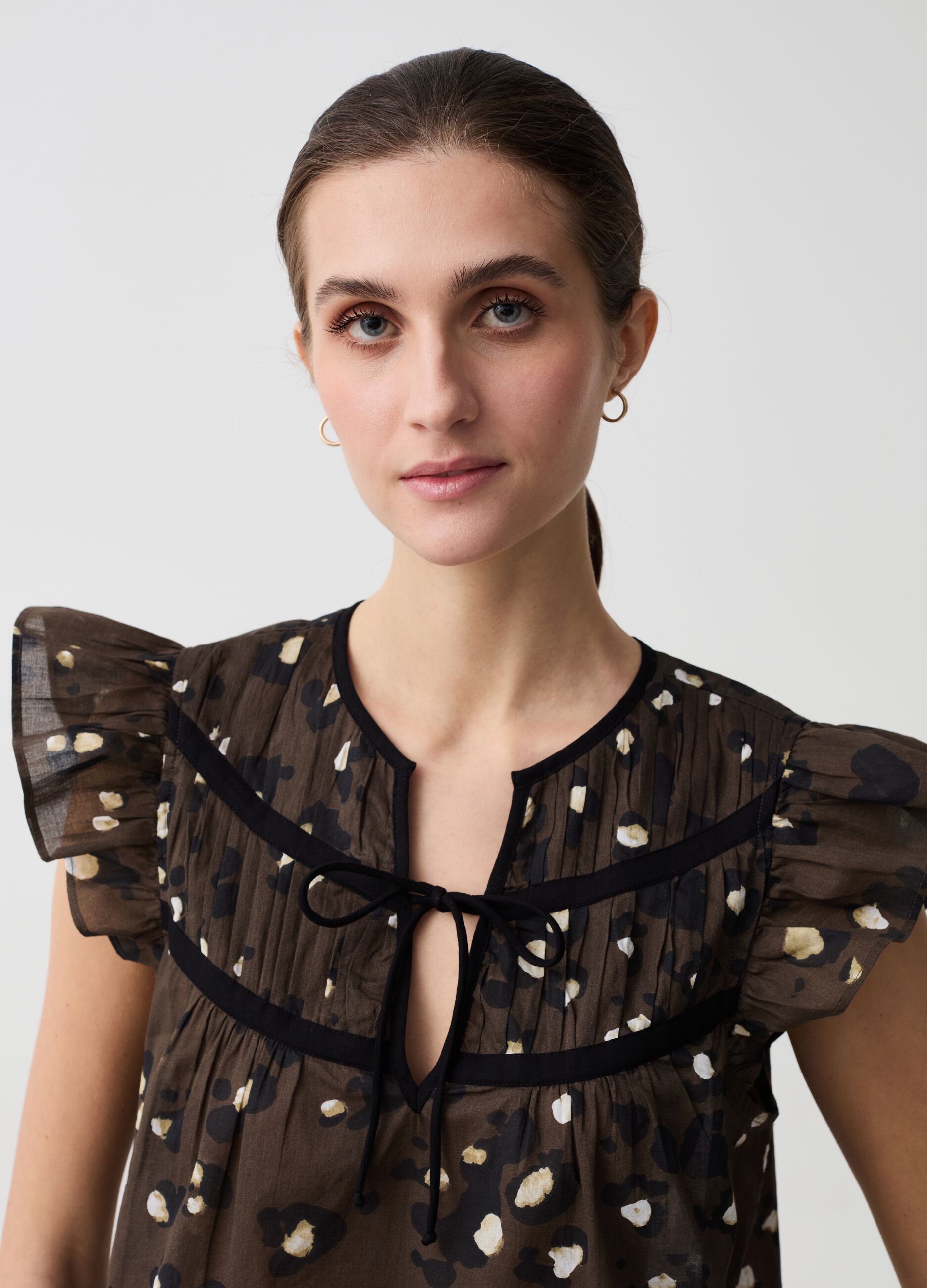 Printed blouse in voile with flounce