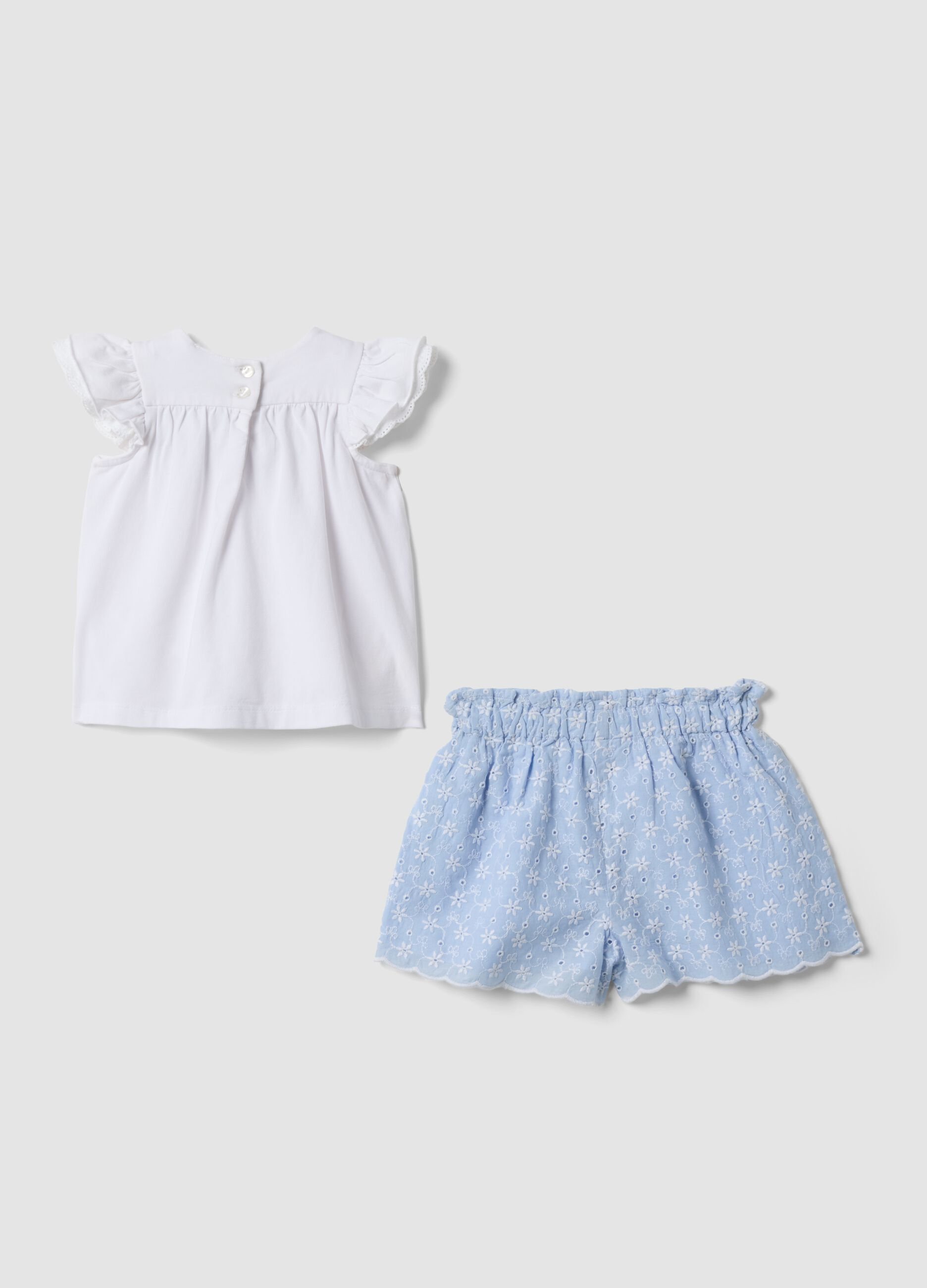 Blue and white pure cotton set with blouse and shorts