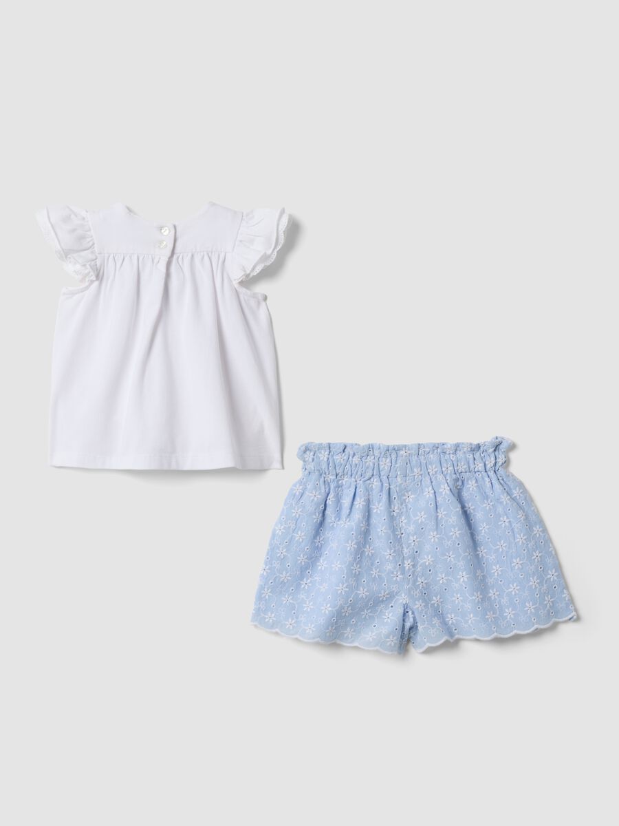 Blue and white pure cotton set with blouse and shorts_1