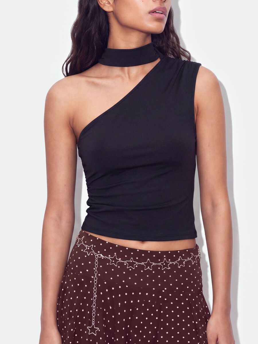 Black stretch top with asymmetric neckline and draped band_0