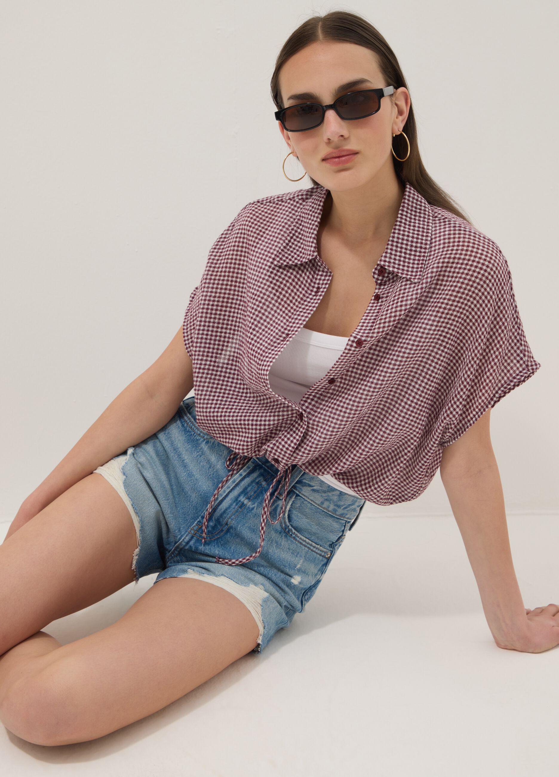 Multicolour gingham crop shirt in stretch cotton