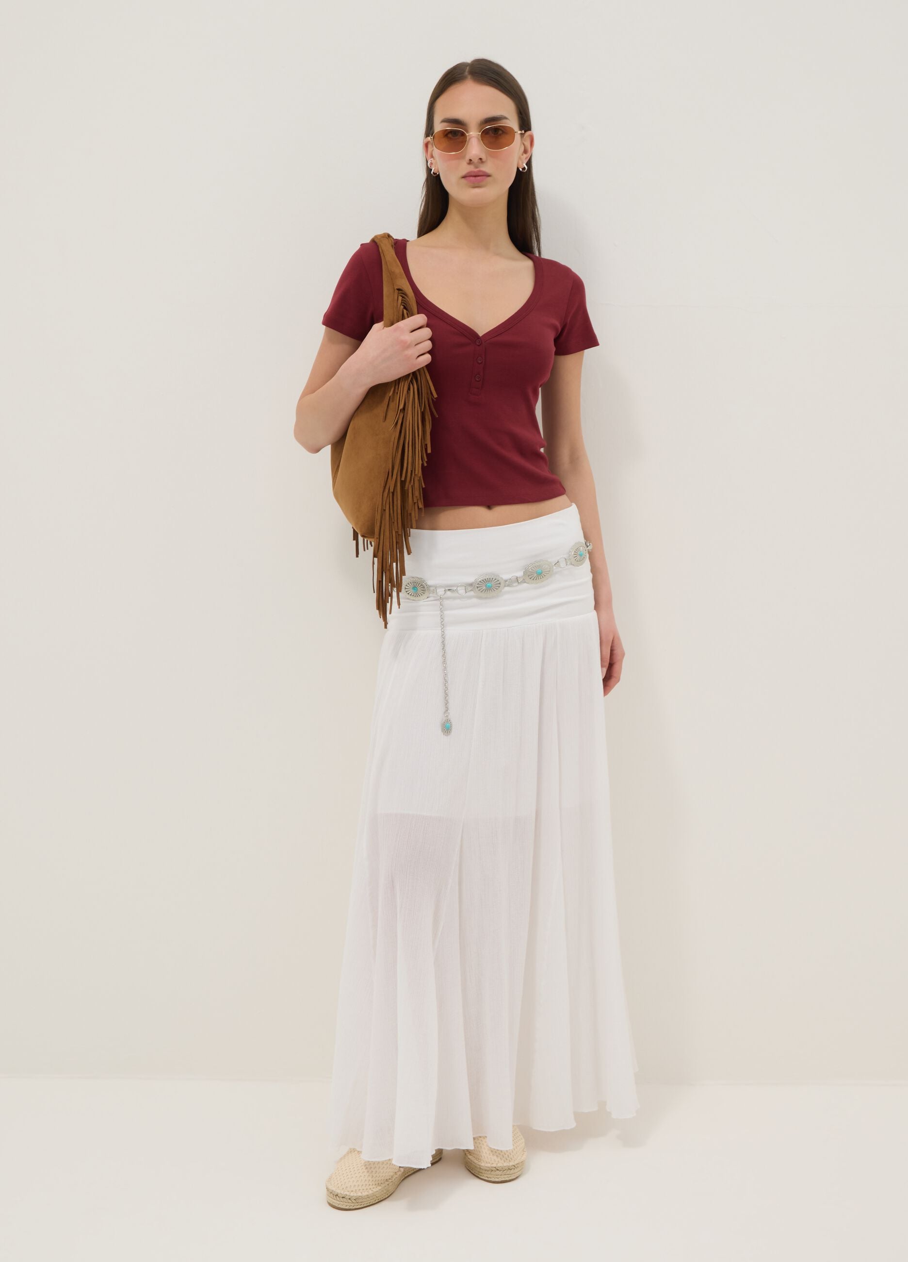 Long white pure cotton skirt with elasticated waist and sheer detailing