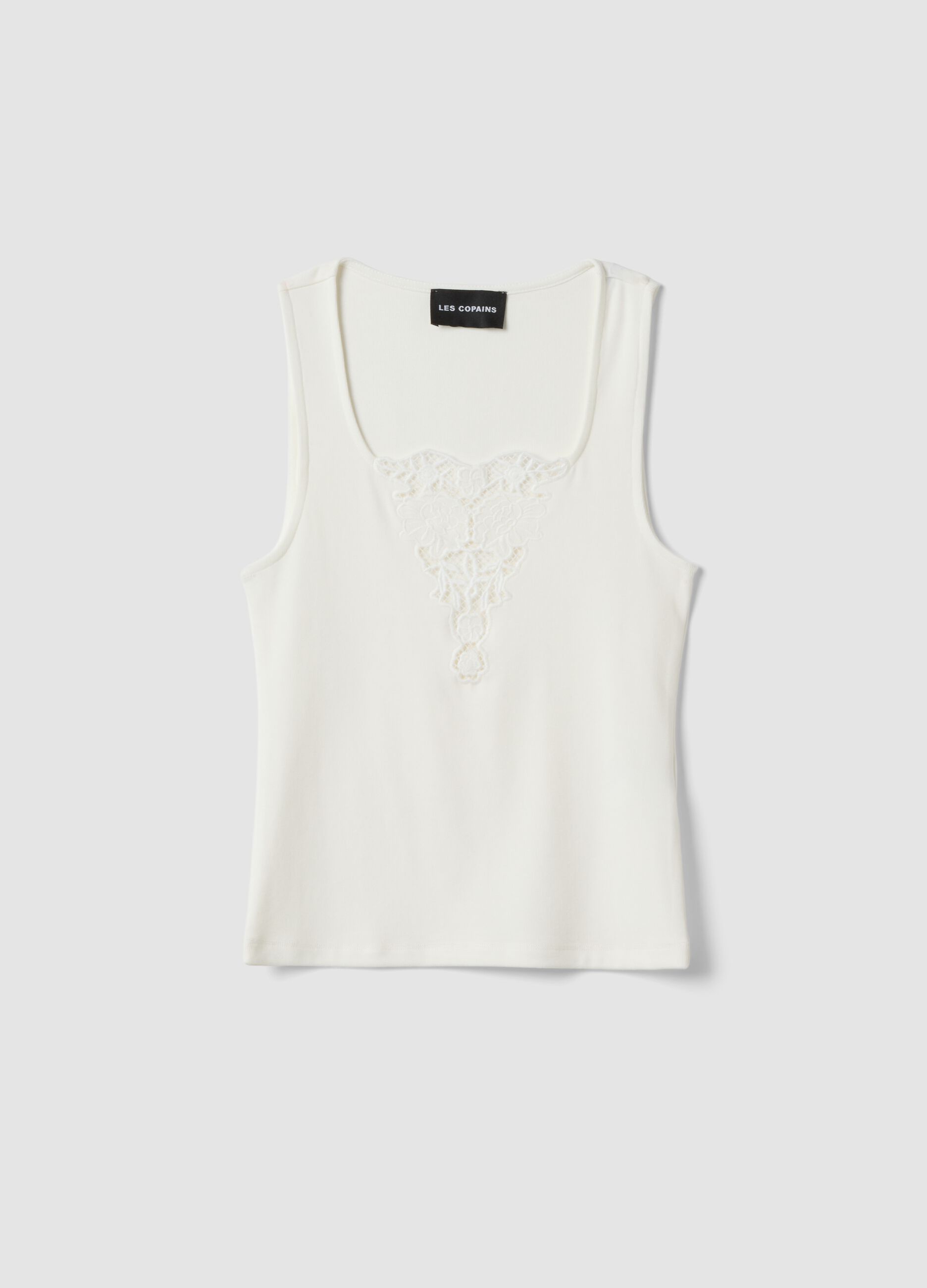 White stretch viscose tank top with embroidered detail