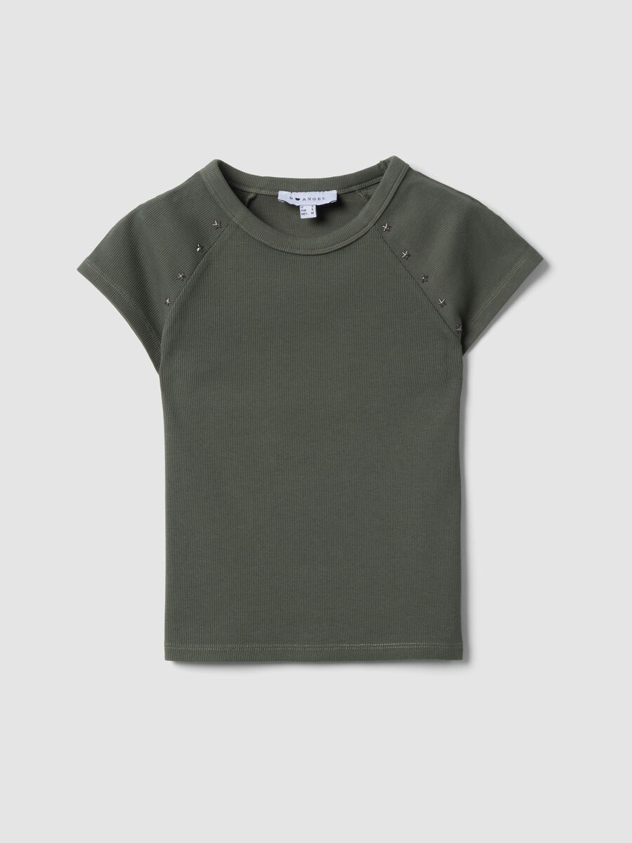 Green fitted ribbed stretch-cotton T-shirt with studs_0
