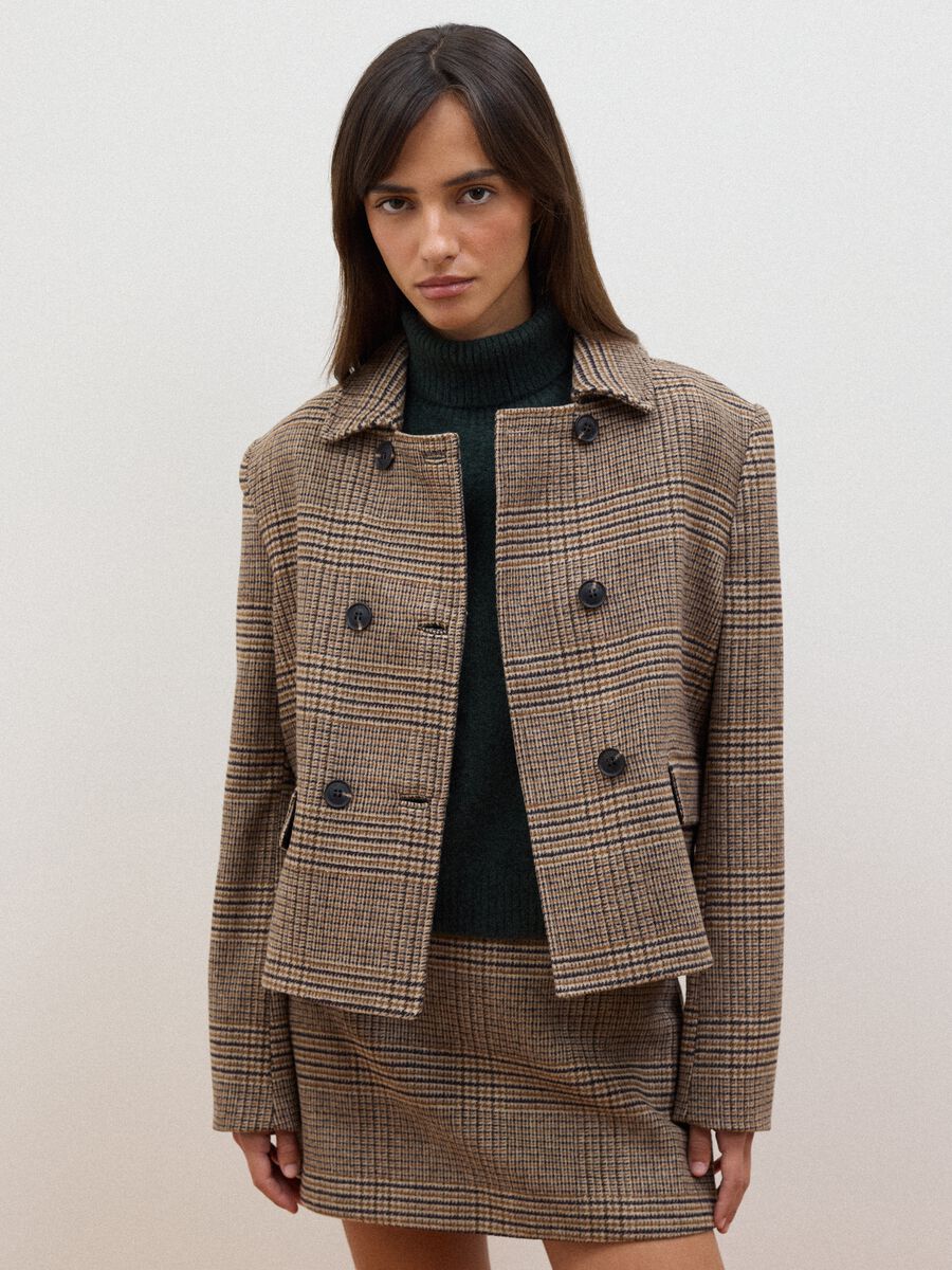Brown checked wool-blend double-breasted shacket, oversized fit_0