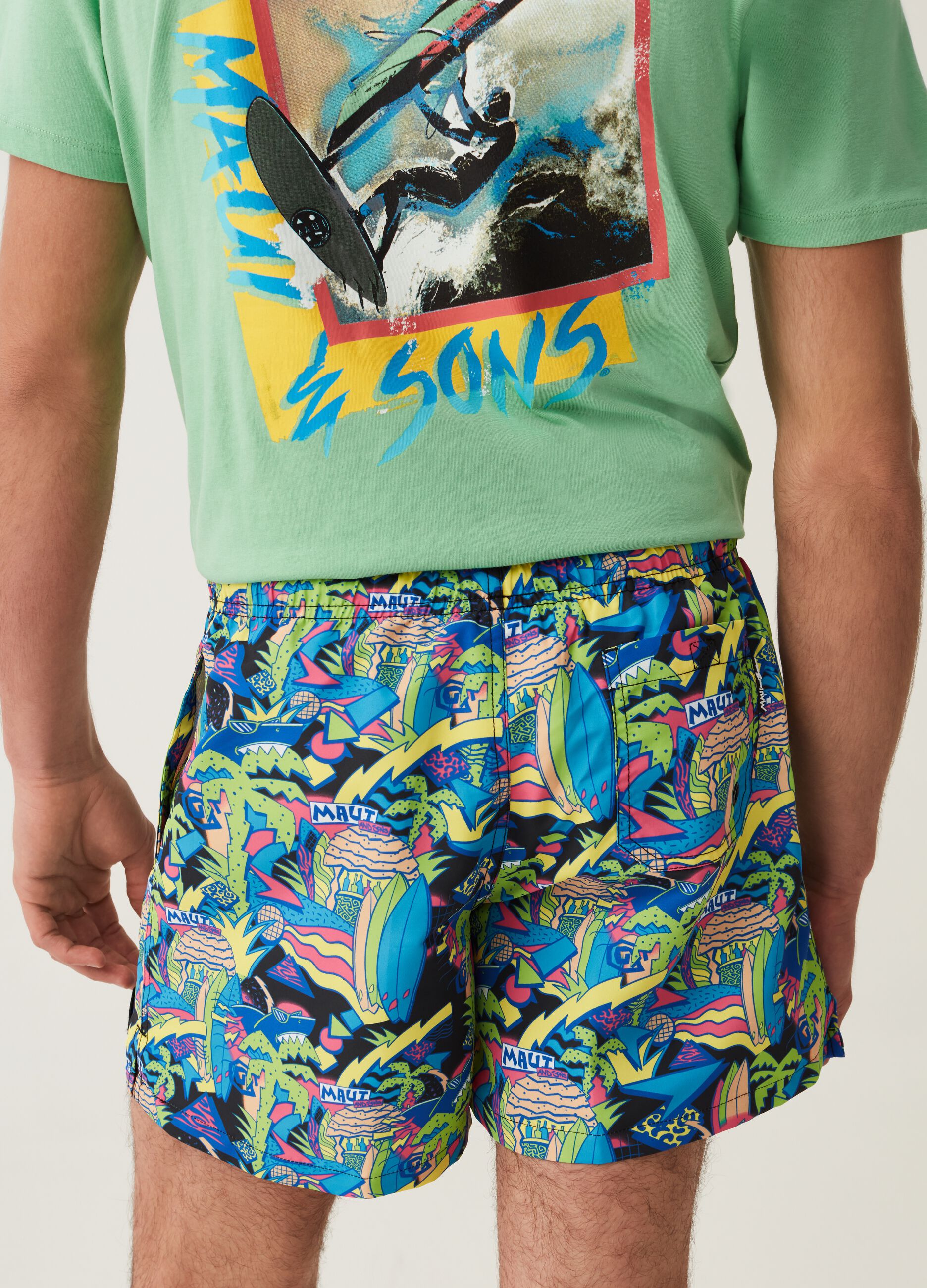 Maui and Sons swimming trunks with tropical print