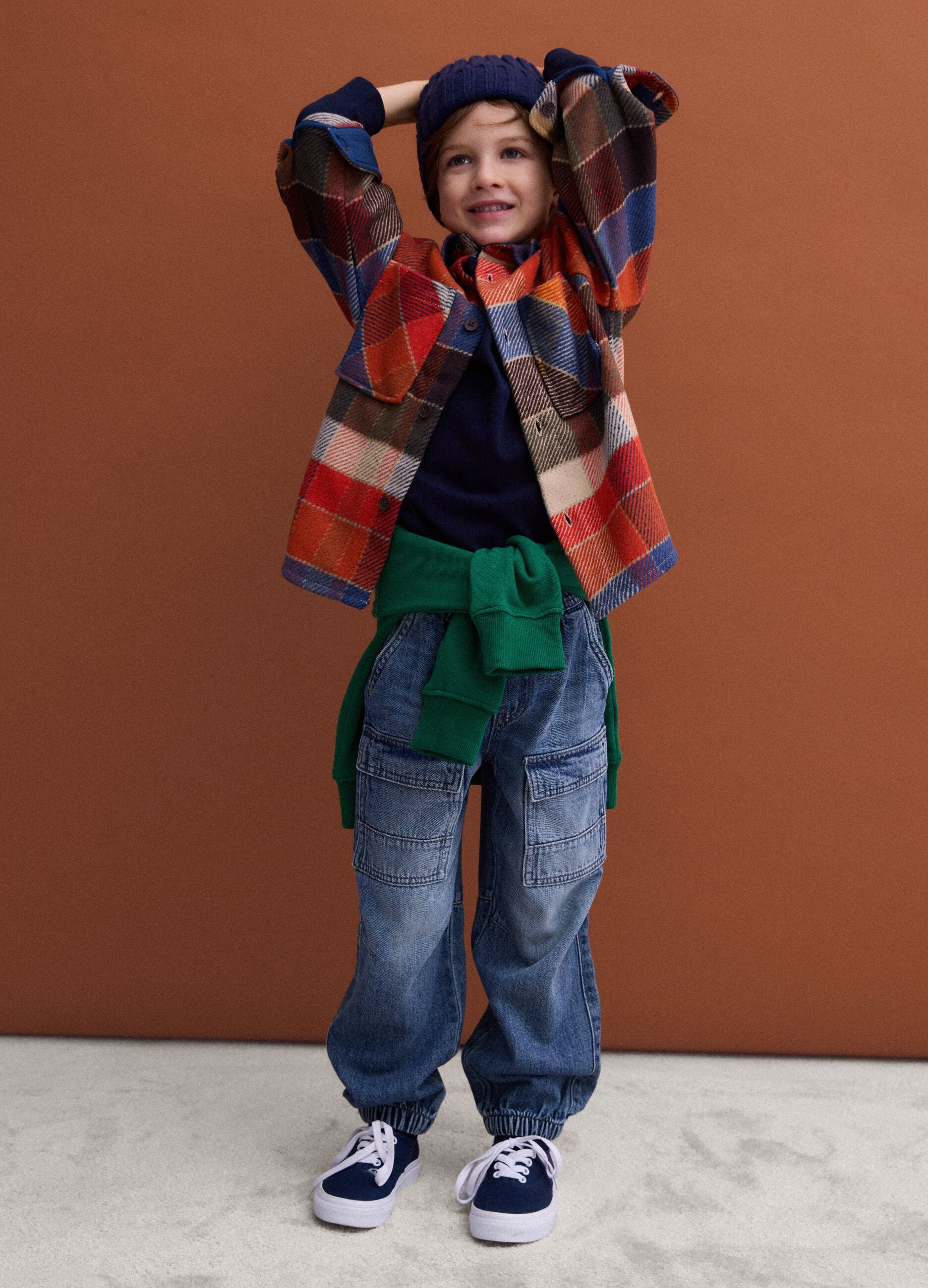Blue denim joggers in cotton and viscose blend, relaxed fit for boys