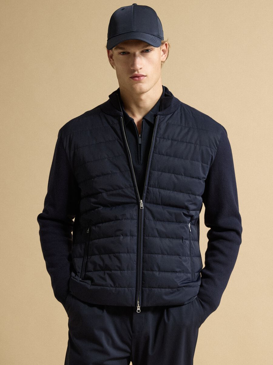 Blue pure cotton zip jacket with knitted sleeves, regular fit_1