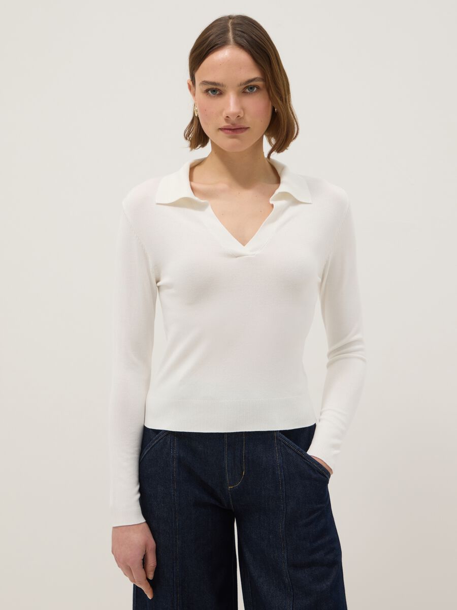 White viscose regular fit polo neck jumper_0