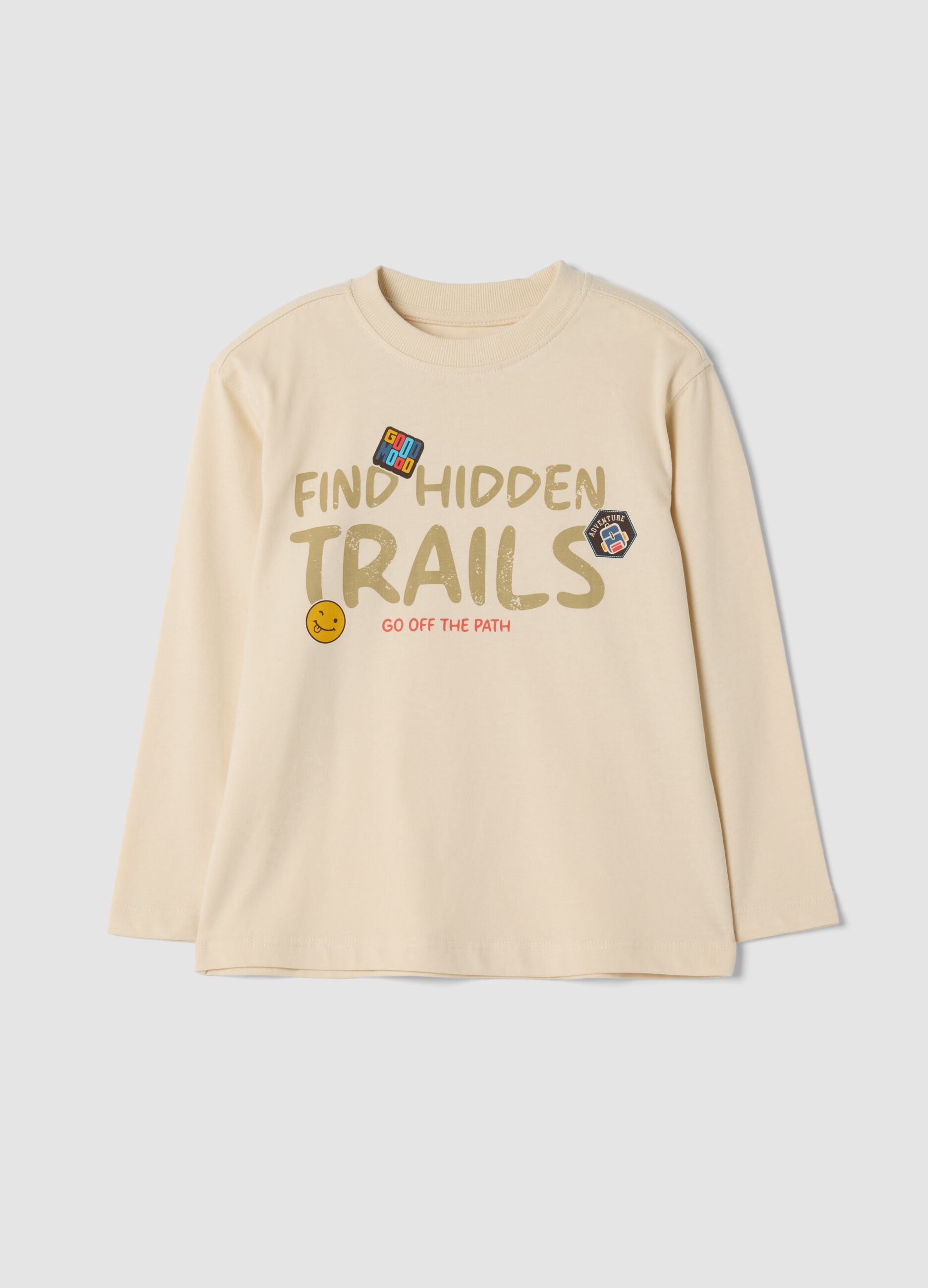 Sand-coloured organic cotton overfit T-shirt with print