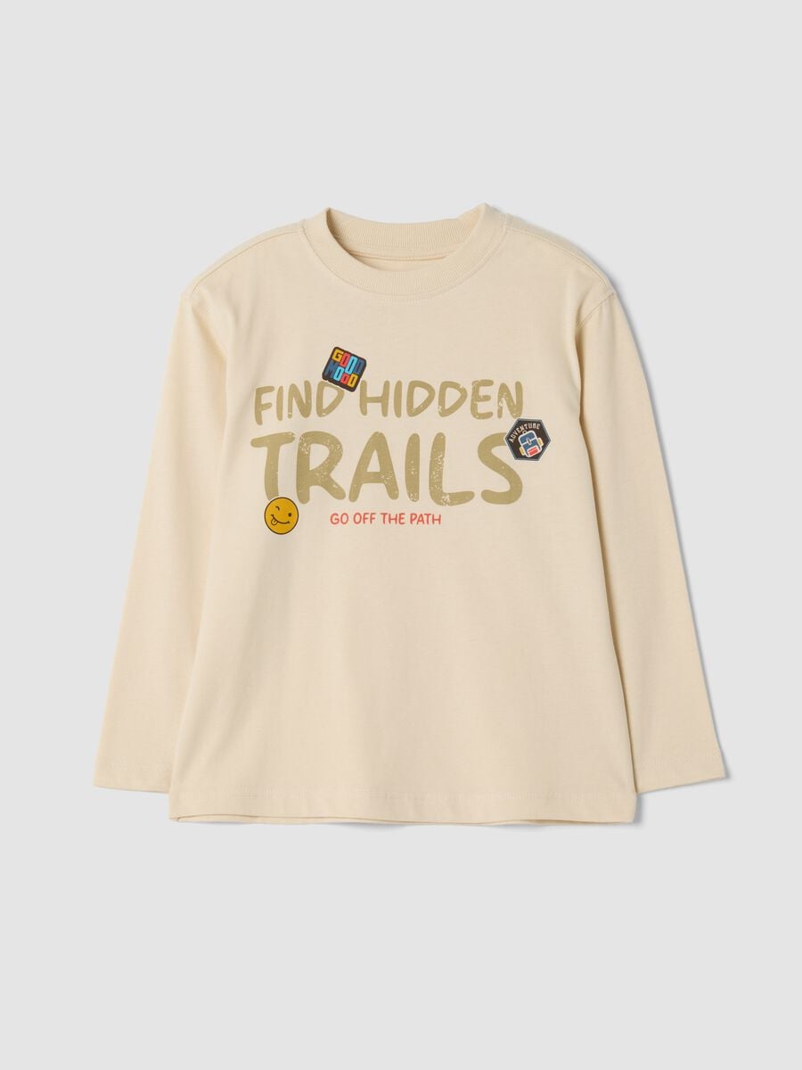 Sand-coloured organic cotton overfit T-shirt with print_0