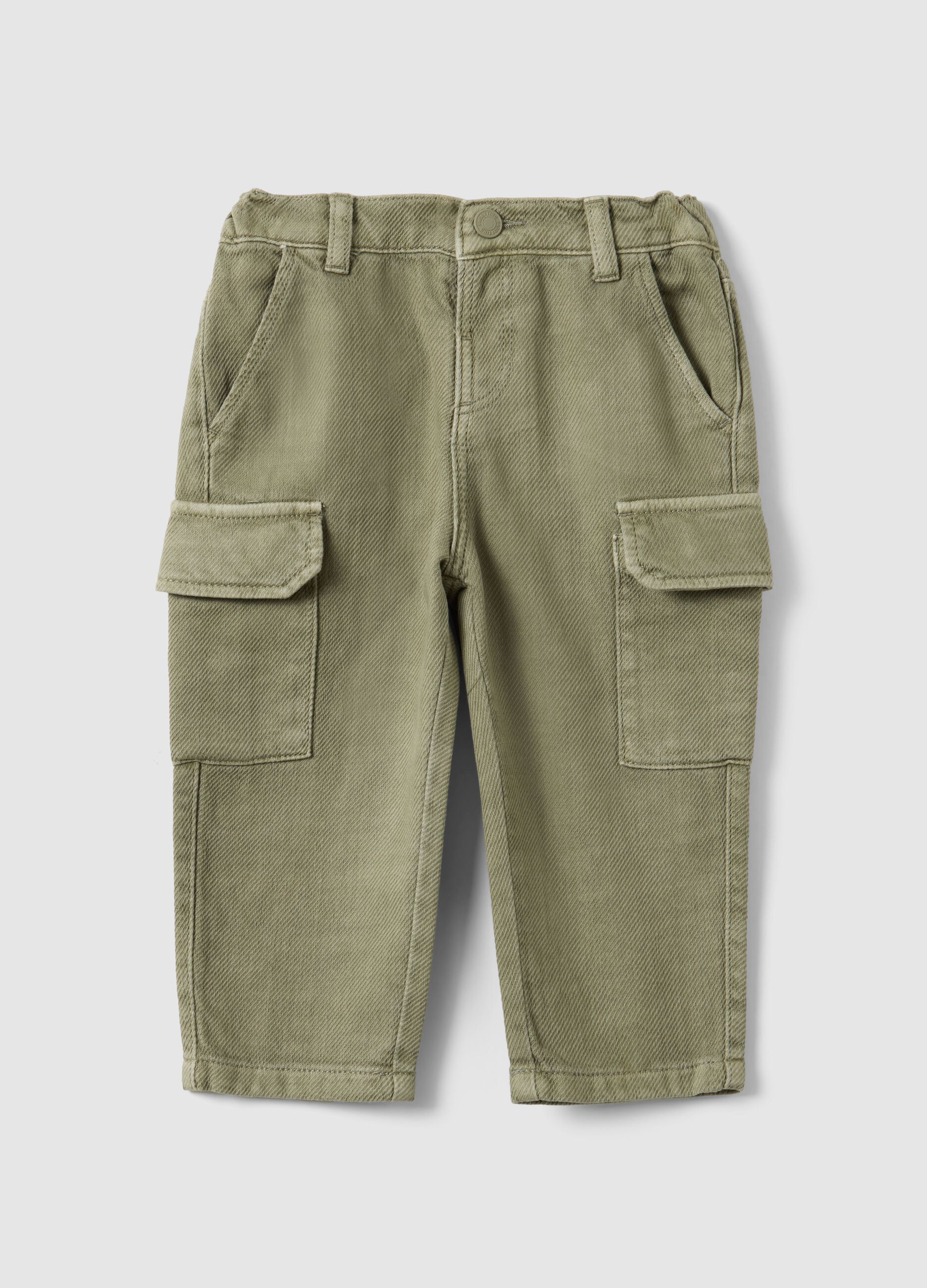 Green pure cotton cargo trousers for children, regular fit