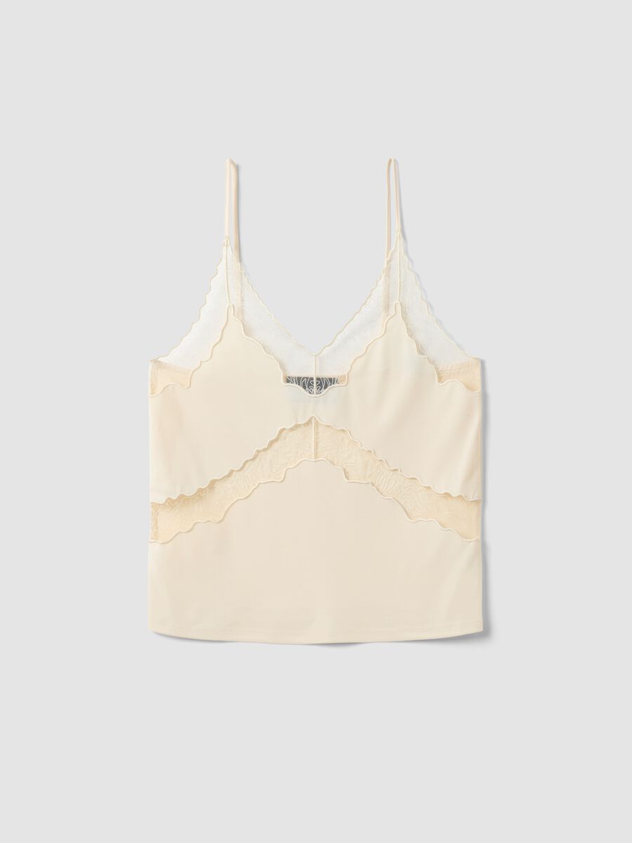 Beige viscose blend regular fit tank top with transparent details_1