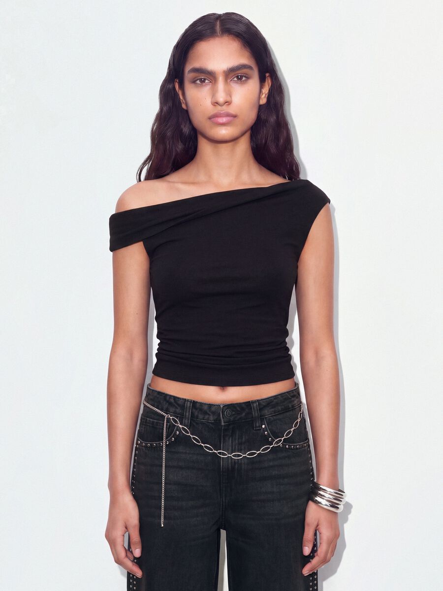 Schwarzes asymmetrisches One-Shoulder-Top aus Stretch-Viskose in Slim Fit_0