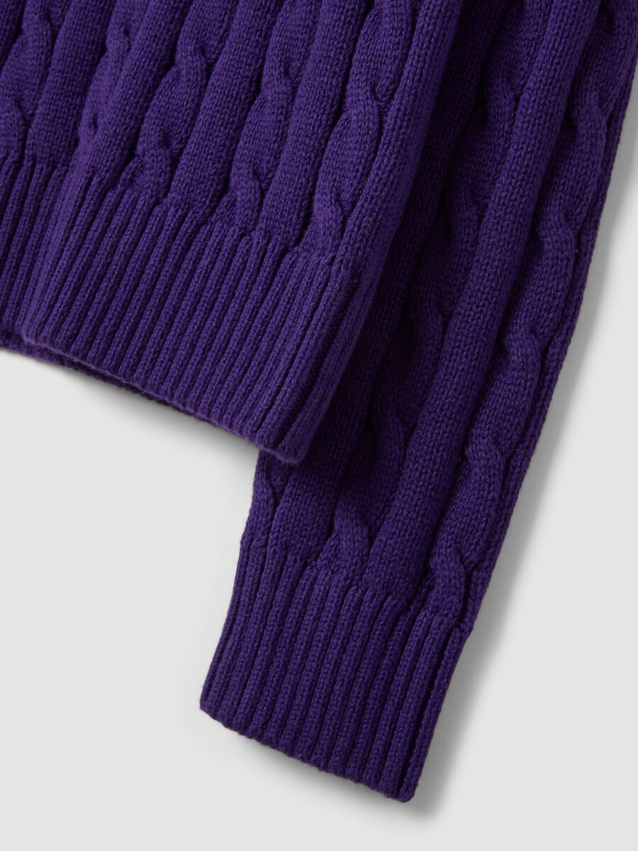 Violetter Zopfmuster-Pullover aus reiner Baumwolle mit Rundhalsausschnitt_5