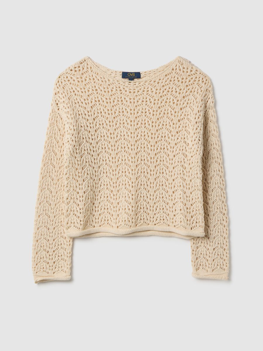 Beige pure cotton jumper regular fit with perforated design_0