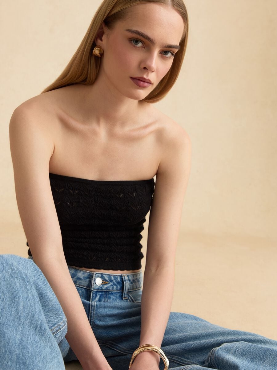 Schwarzes Bandeau-Top aus reiner Baumwolle in Strick_0