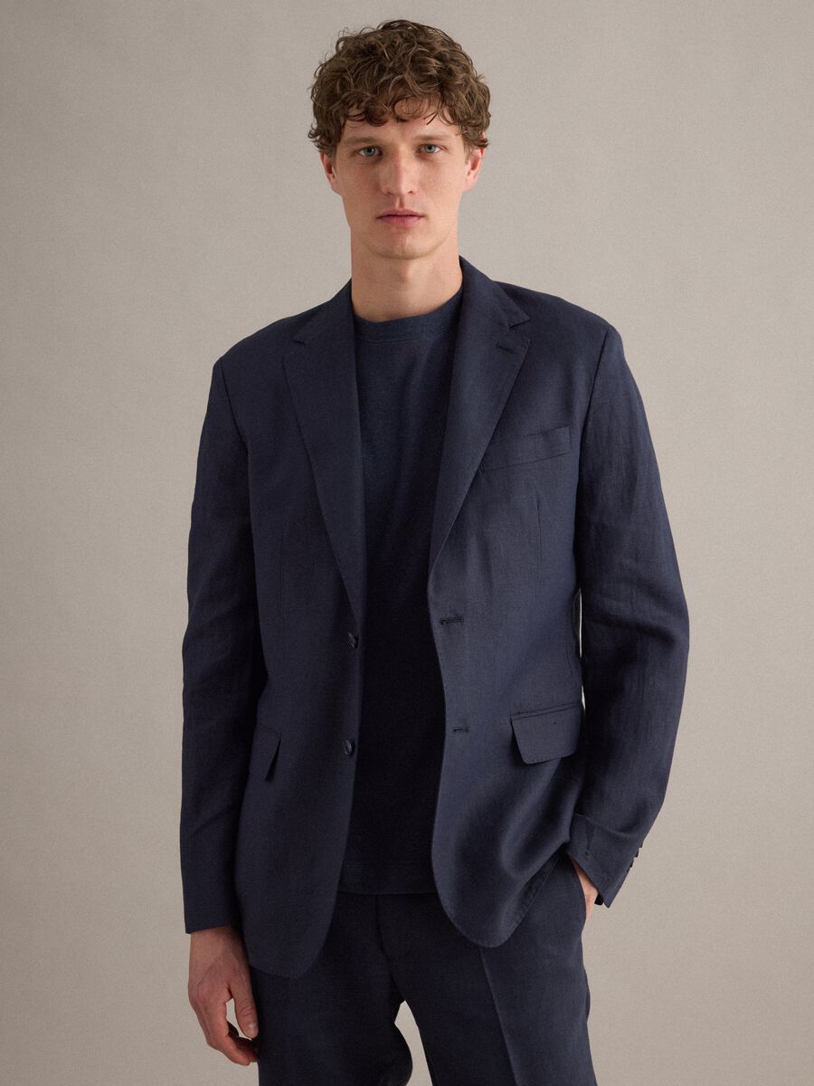 Blazer azul de linho puro corte regular_0