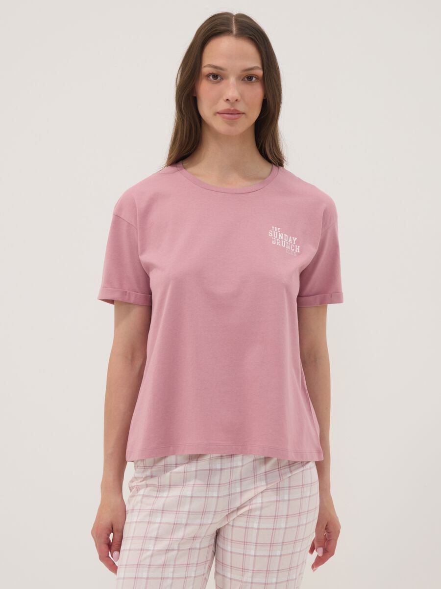 Pink organic cotton pyjama T-shirt with front slogan_1