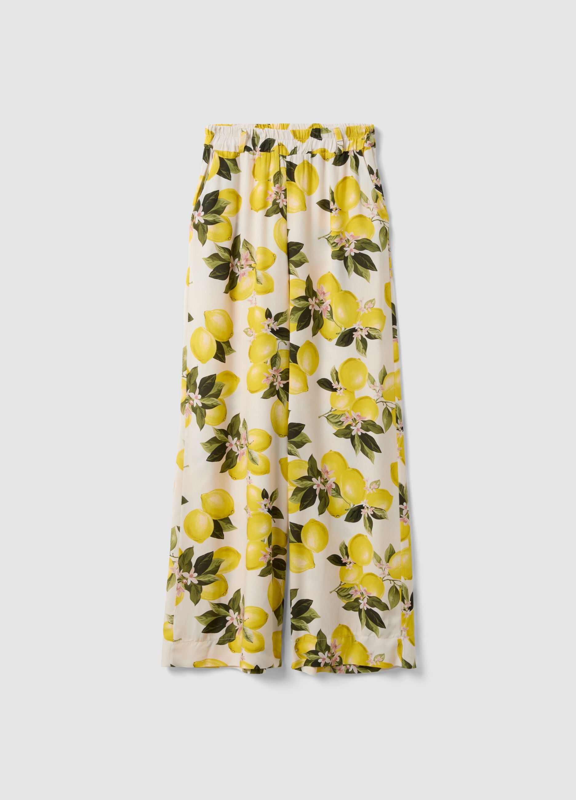 Wei&szlig;e Hose aus reiner Viskose mit Zitronenprint, Regular Fit