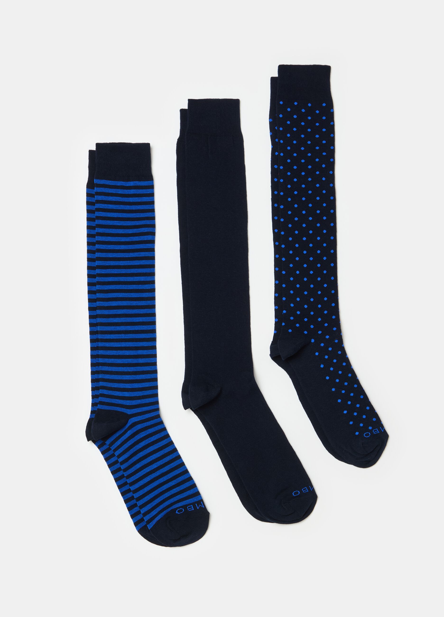 Three-pair pack long socks with polka dots and stripes