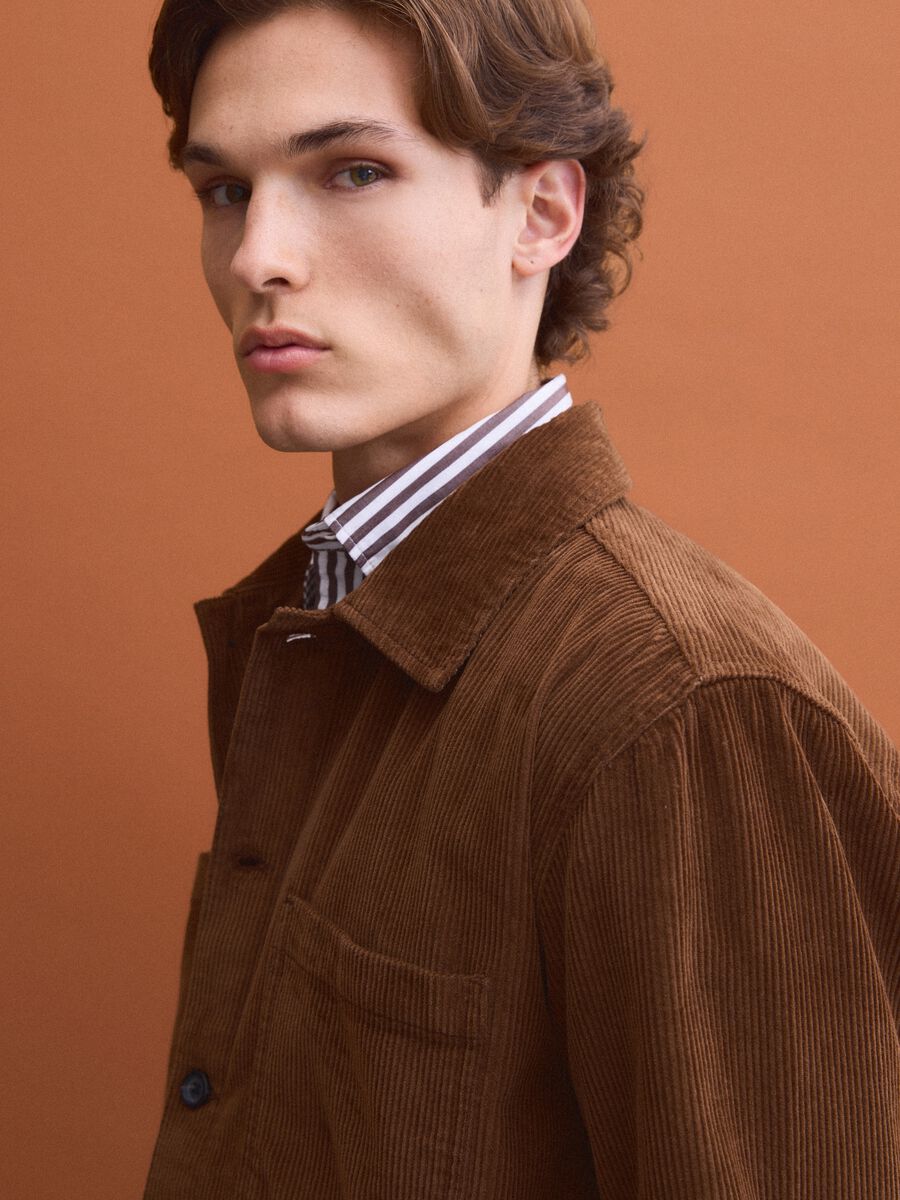 Brown ribbed pure cotton shacket with buttons_1