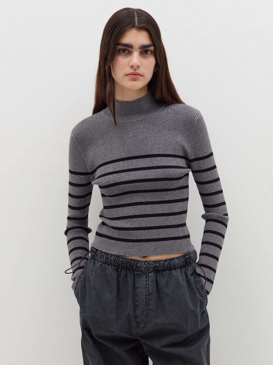 Pullover with striped mock neck_0