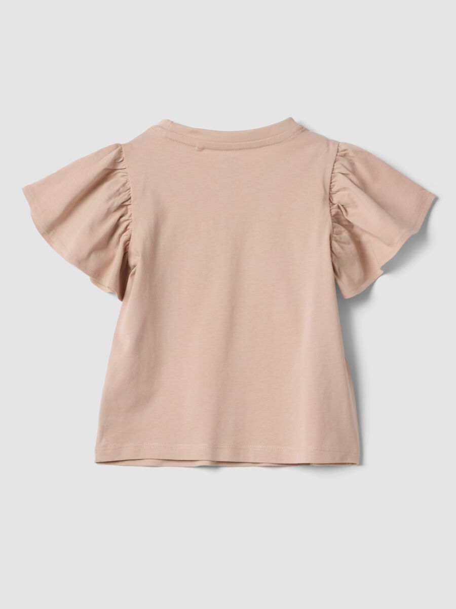 Girls&rsquo; beige pure cotton T-shirt with ruffles and rhinestones_1