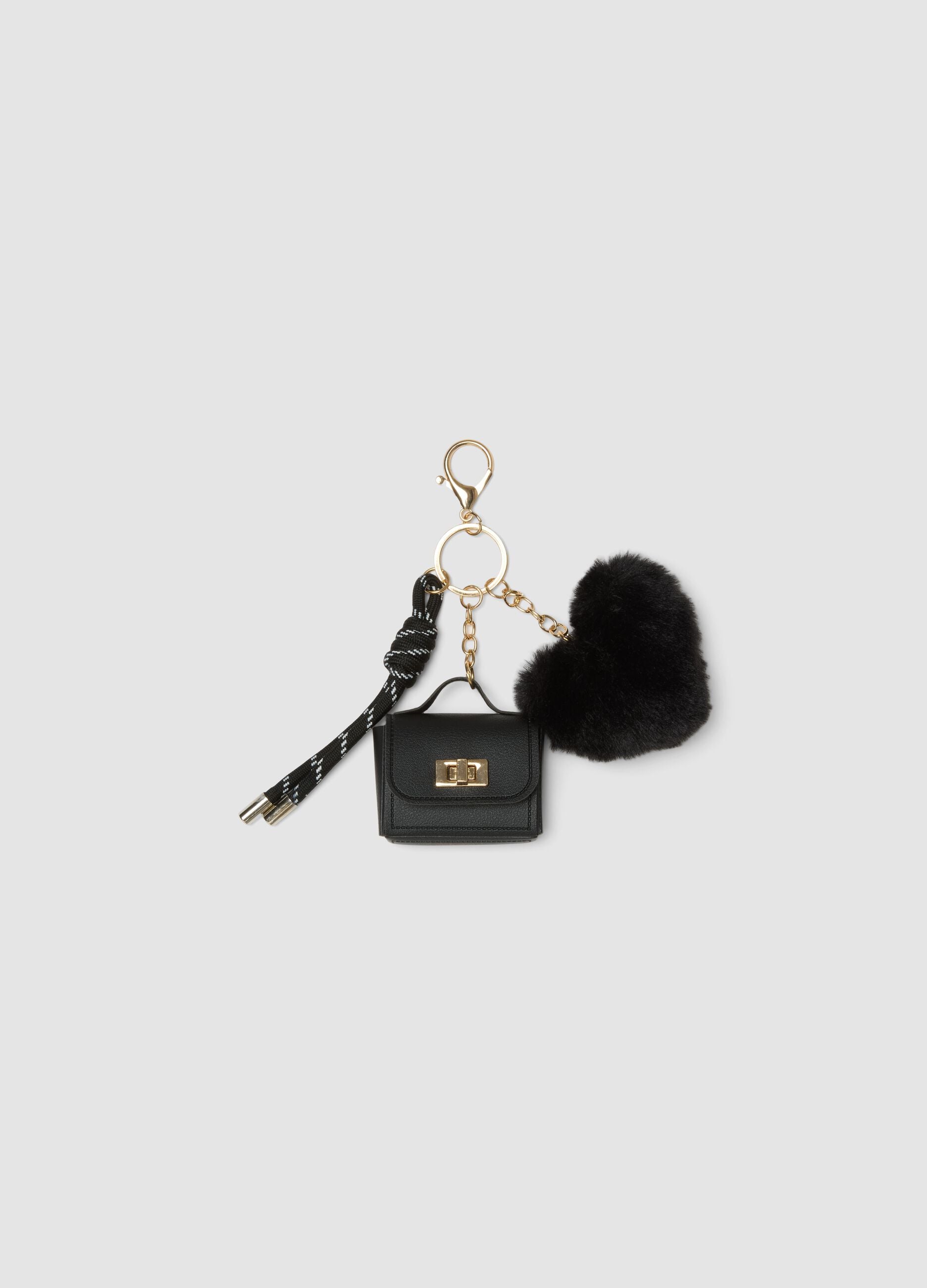 Black keyring with heart charm and mini pouch
