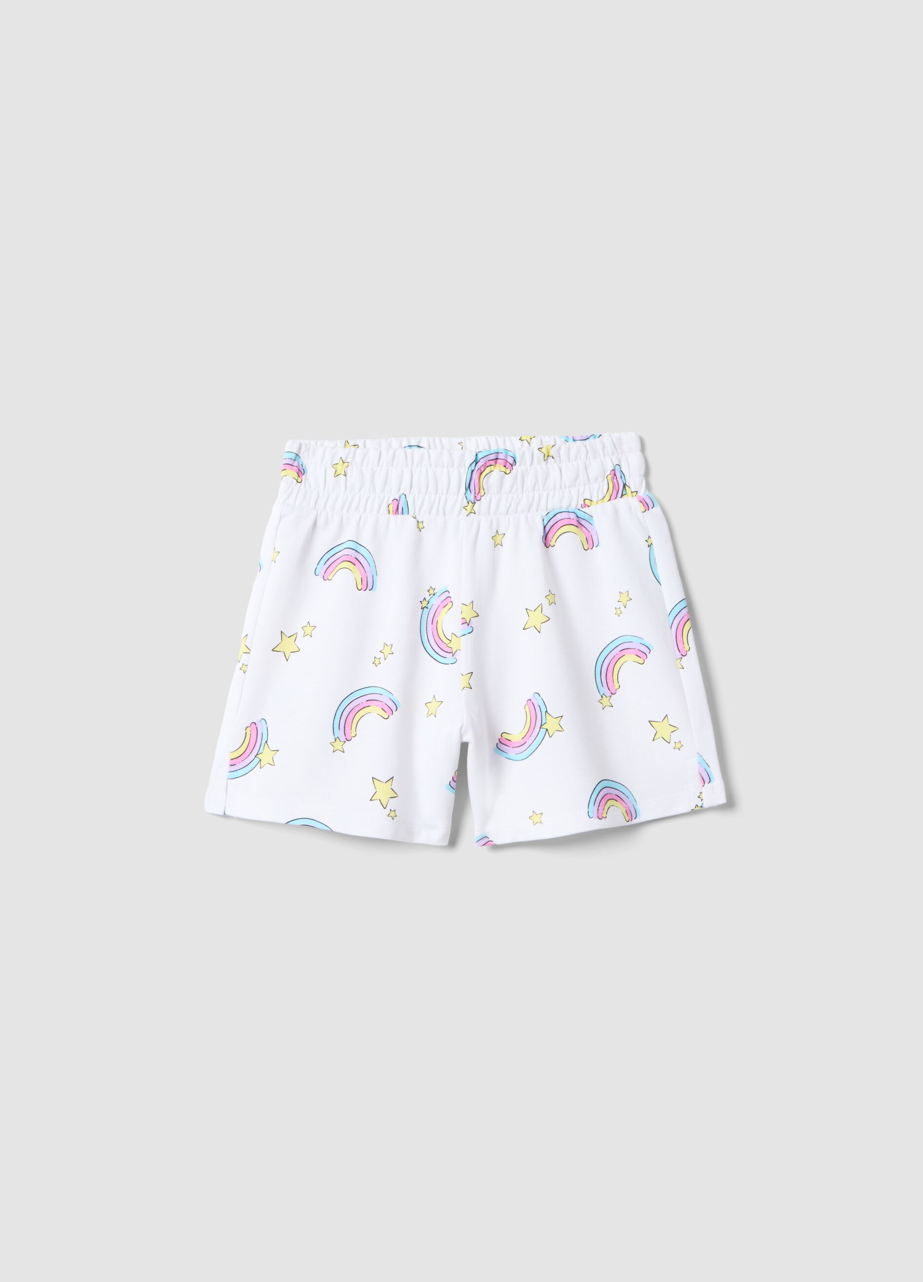 Girls' regular fit white pure cotton shorts with rainbows