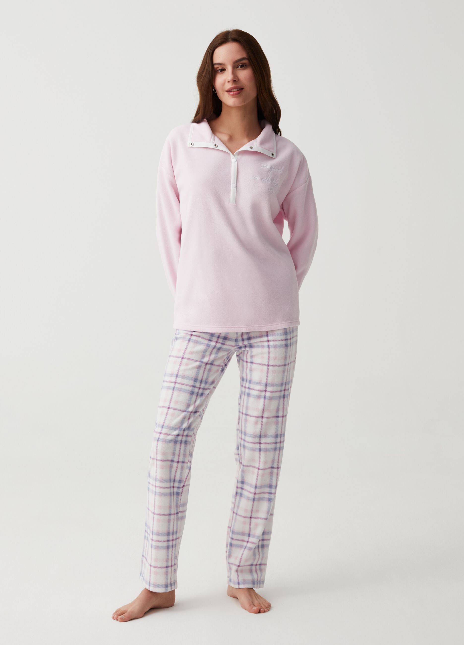 Fleece pyjama top with mock neck and buttons