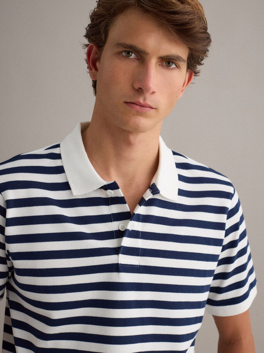 Blue and White Striped Pure Cotton Polo Shirt_0